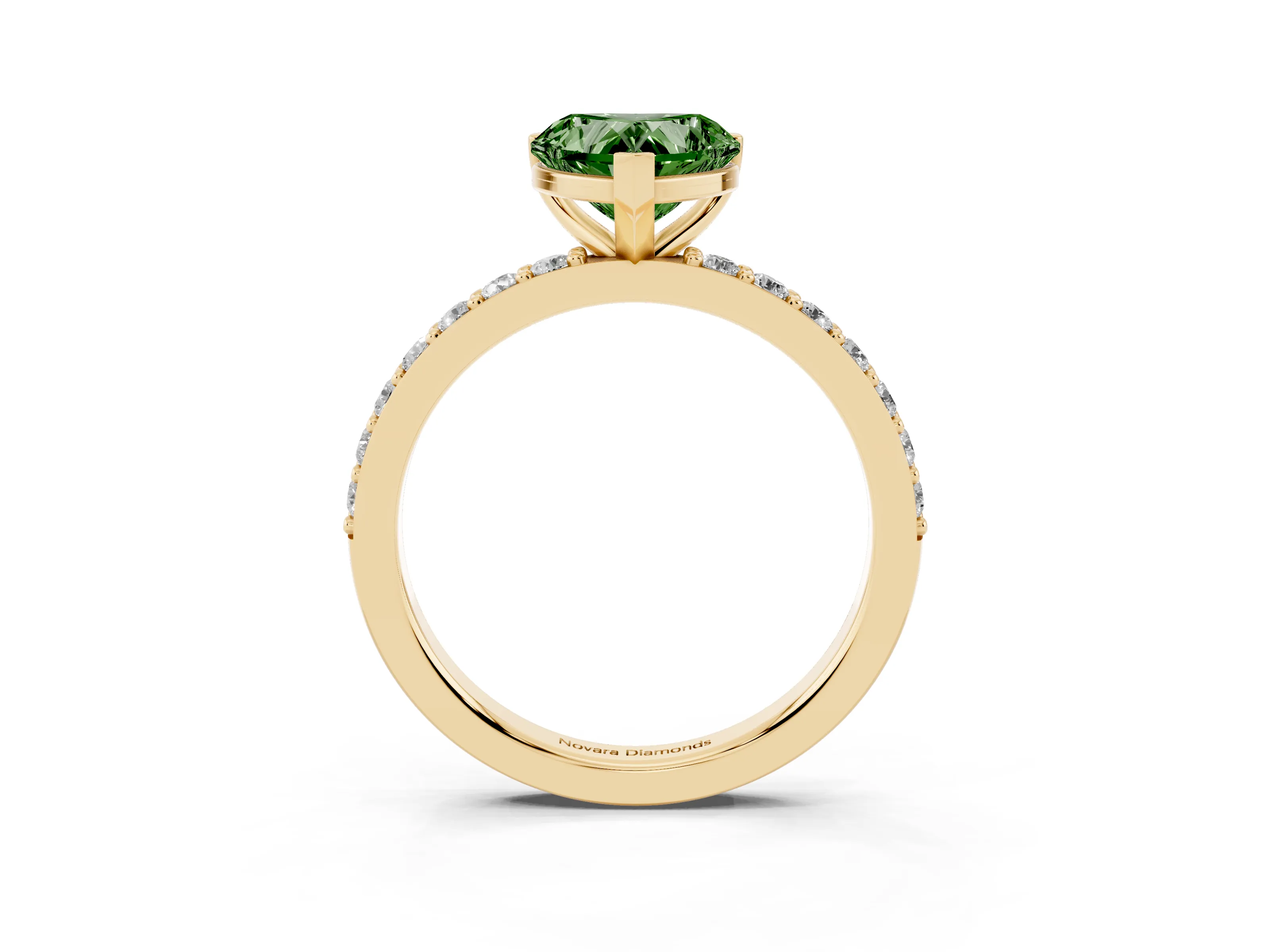 Fancy Green Heart Cut Diamond Solitaire Set in Yellow gold with Round Pavé Band and Prong Setting