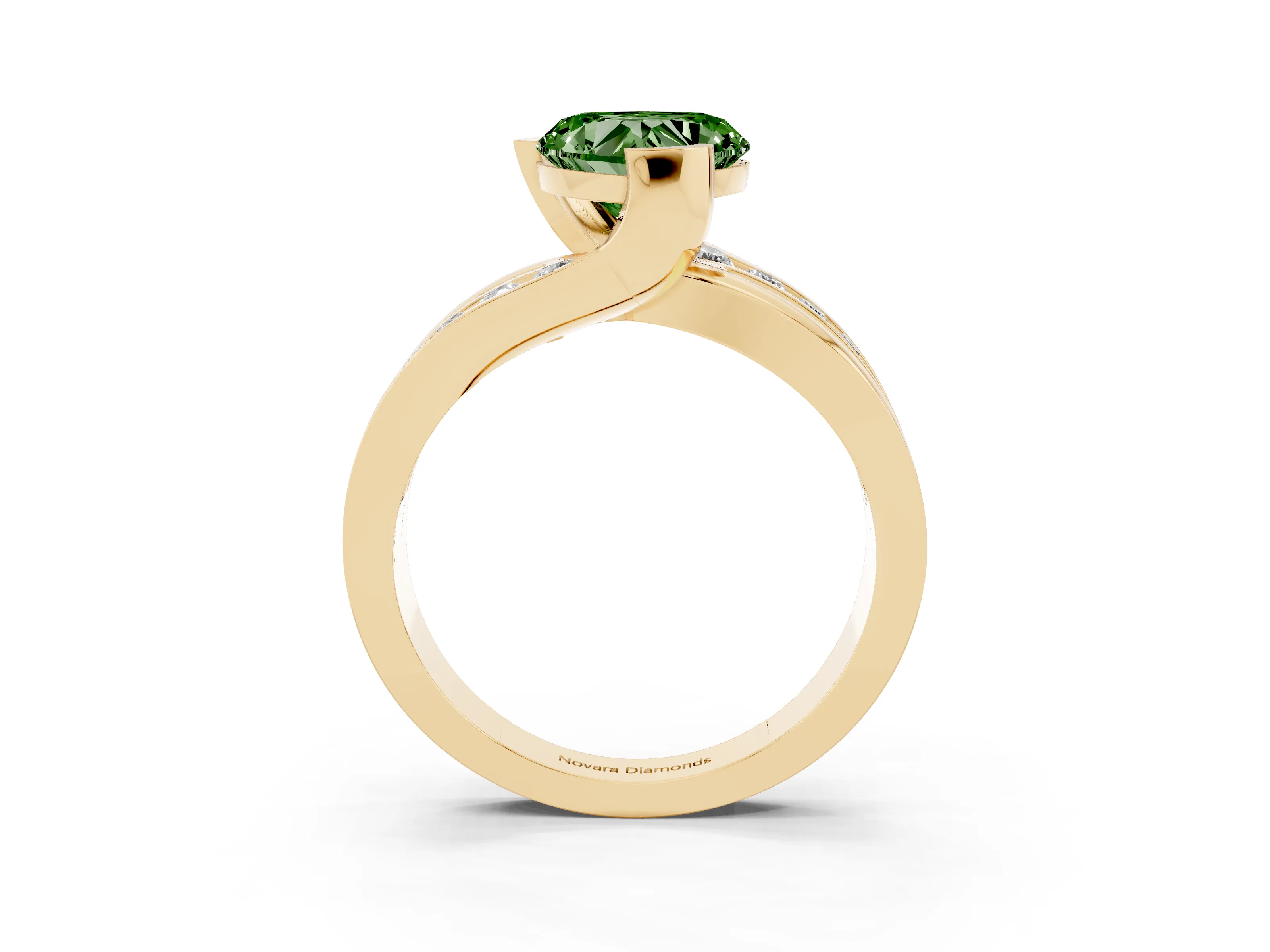 Fancy Green Heart Cut Diamond Solitaire Ring Set in Yellow gold with Channel Set Split Shank and Tension Prongs