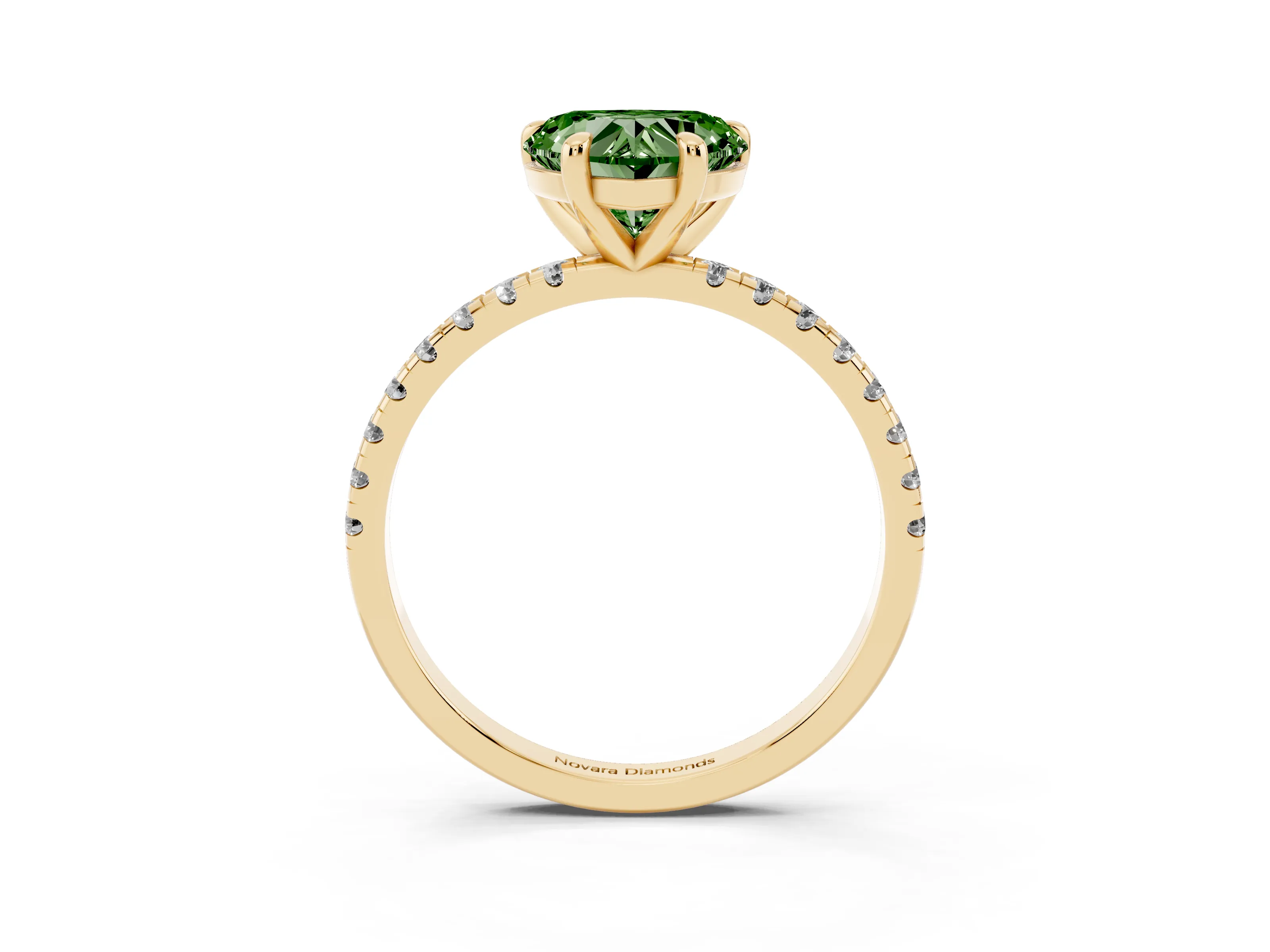 Fancy Green Heart Cut Diamond Brilliant Solitaire Ring Set in Yellow gold with Pavé Band and Prong Setting