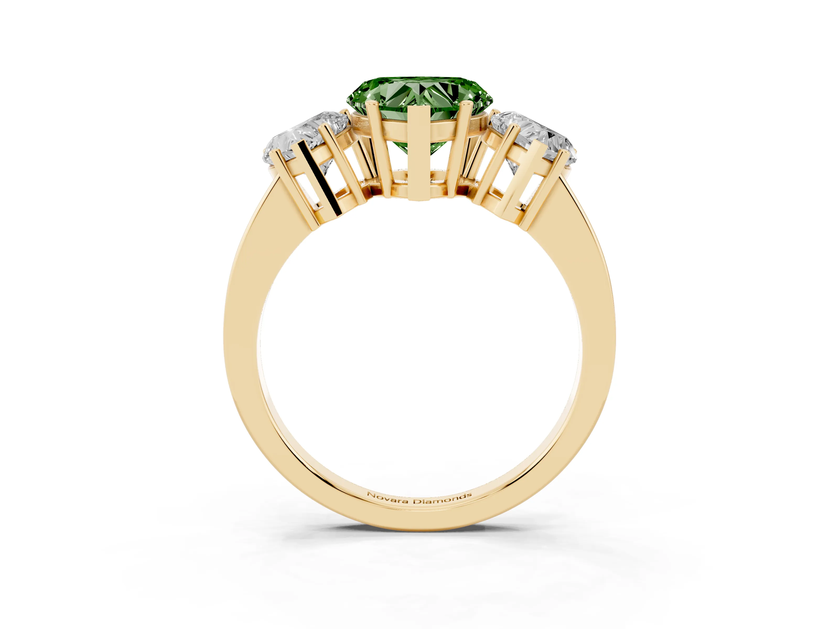 Fancy Green Heart Cut Diamond Three-Stone Engagement Ring Set in Yellow gold with Flat Band