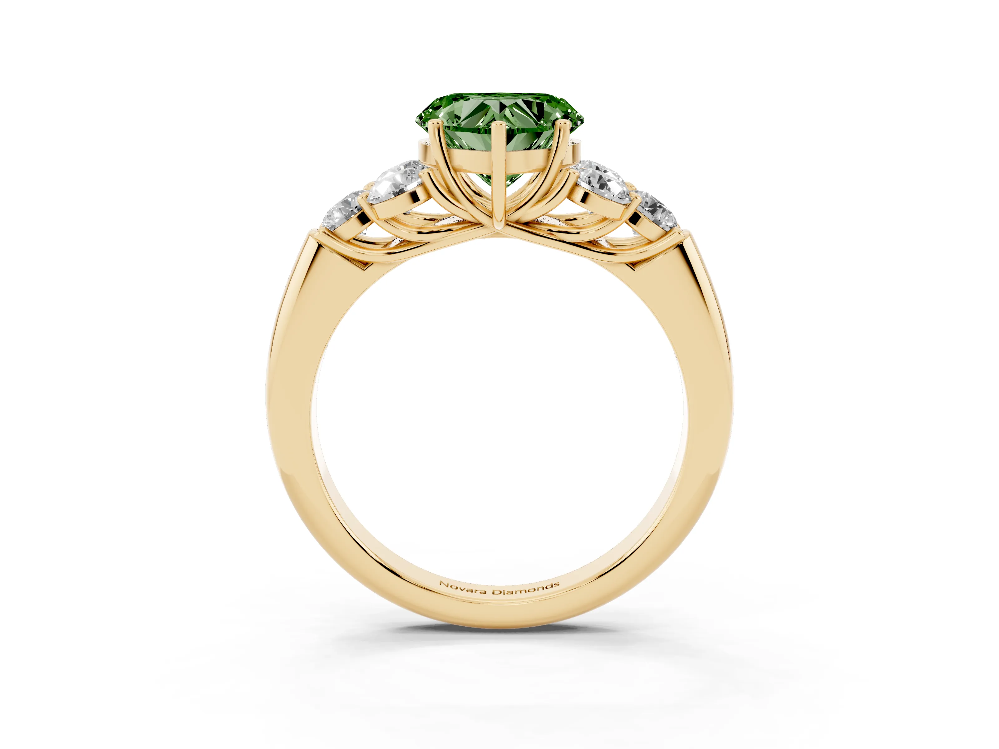 Fancy Green Heart Cut Diamond Cluster Ring Set in Yellow gold with Round Accent Stones and Prong Setting on a Plain Band