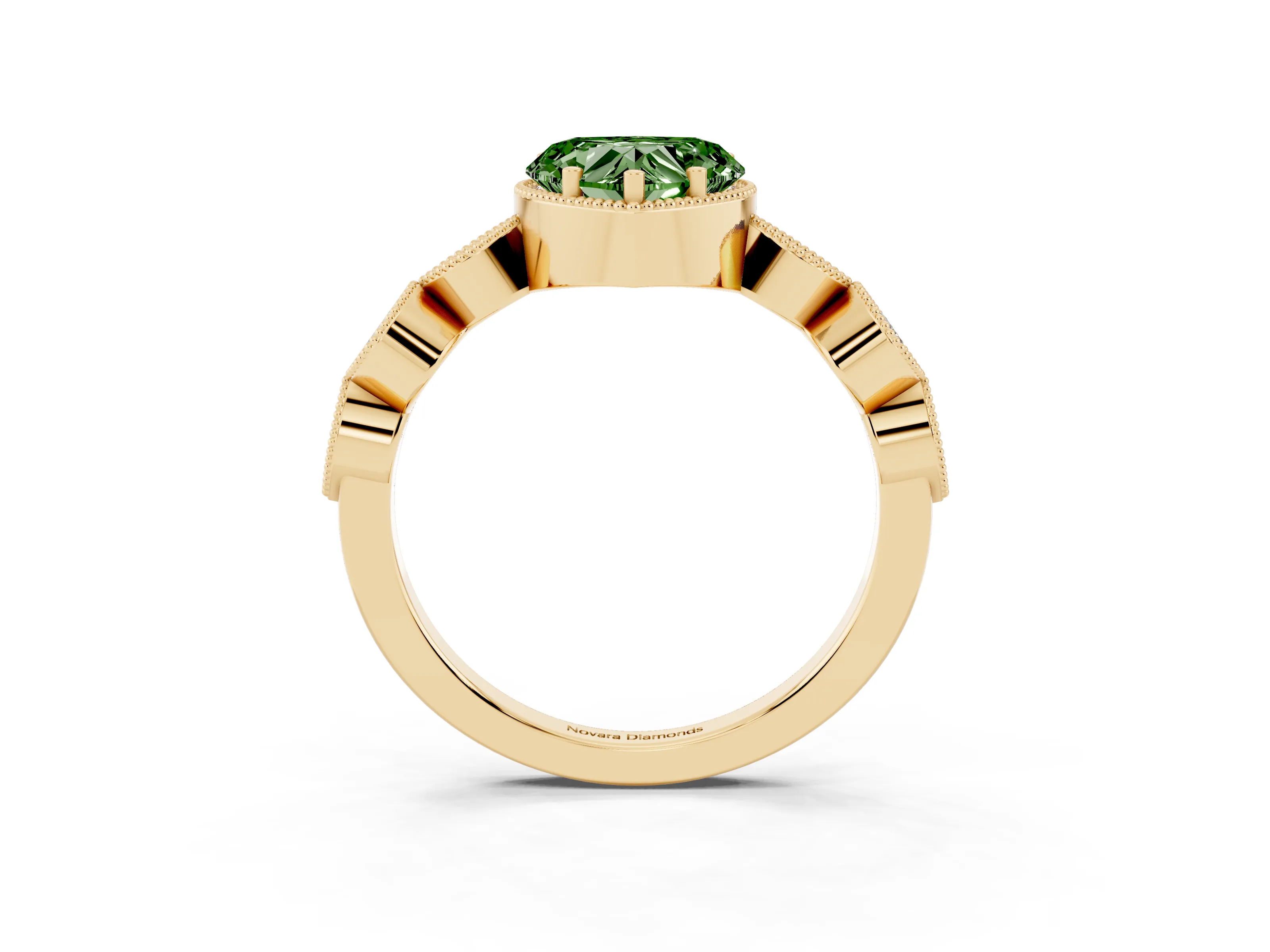 Fancy Green Heart Cut Diamond Vintage-Inspired Milgrain Ring Set in Yellow gold with Marquise Stations of Round Accents