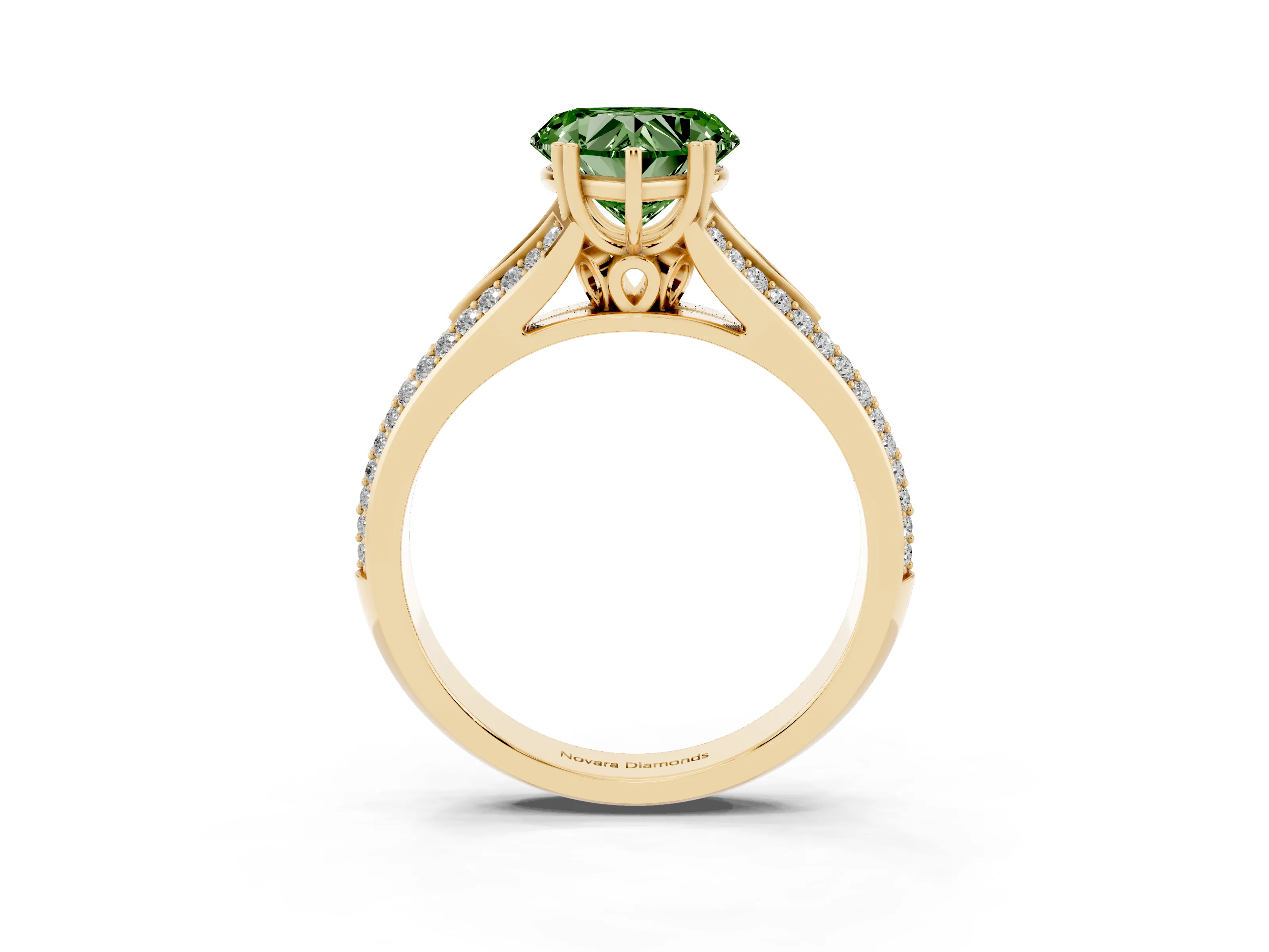 Fancy Green Heart Cut Diamond Split Shank Pavé Engagement Ring Set in Yellow gold with Prong-Set Center Stone