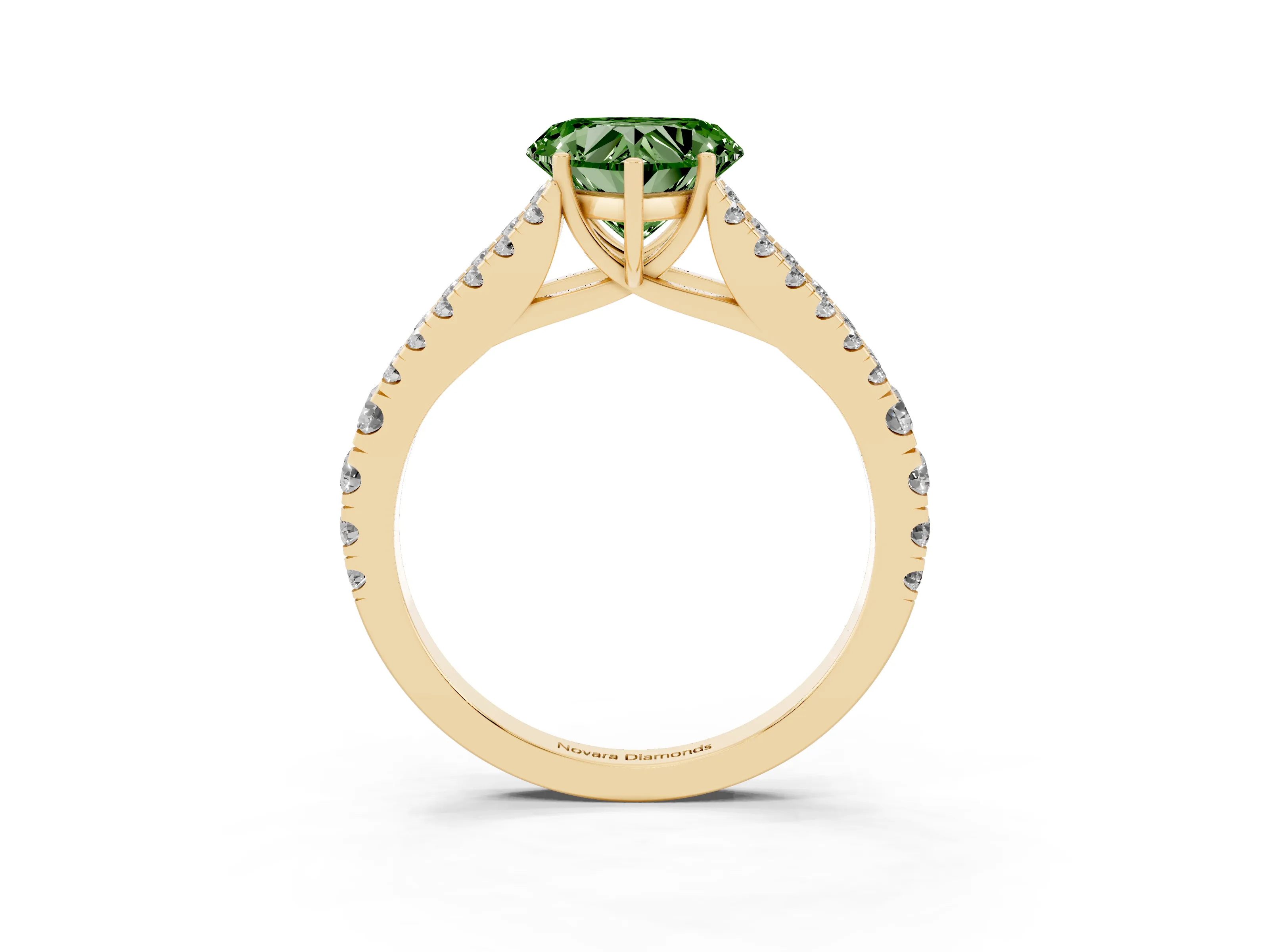 Fancy Green Heart Cut Diamond Split Shank Pavé Engagement Ring Set in Yellow gold with Prong-Held Center Stone