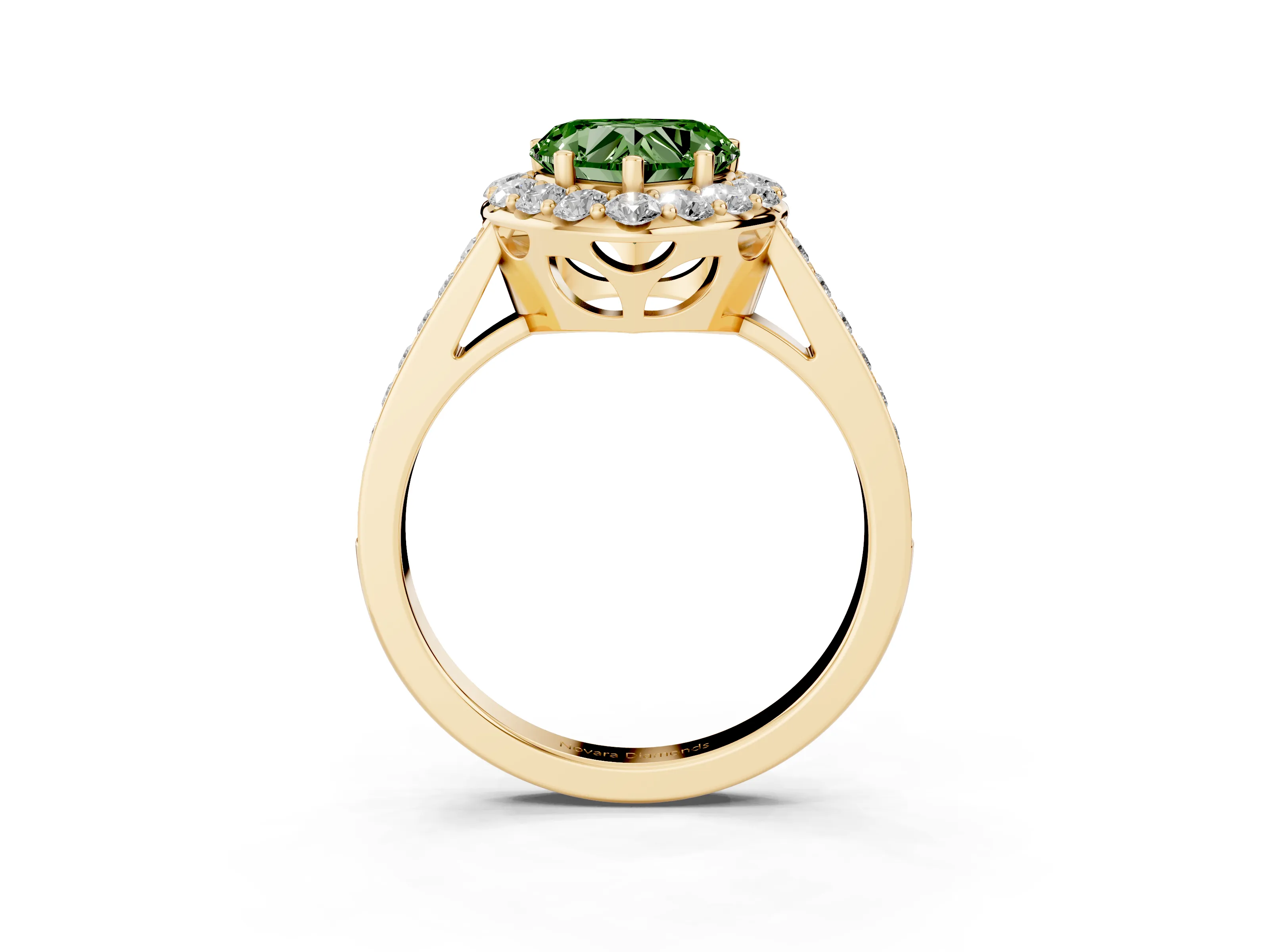 Fancy Green Heart Cut Diamond Floral Halo Ring Set in Yellow gold with Pavé Band and Prong Setting