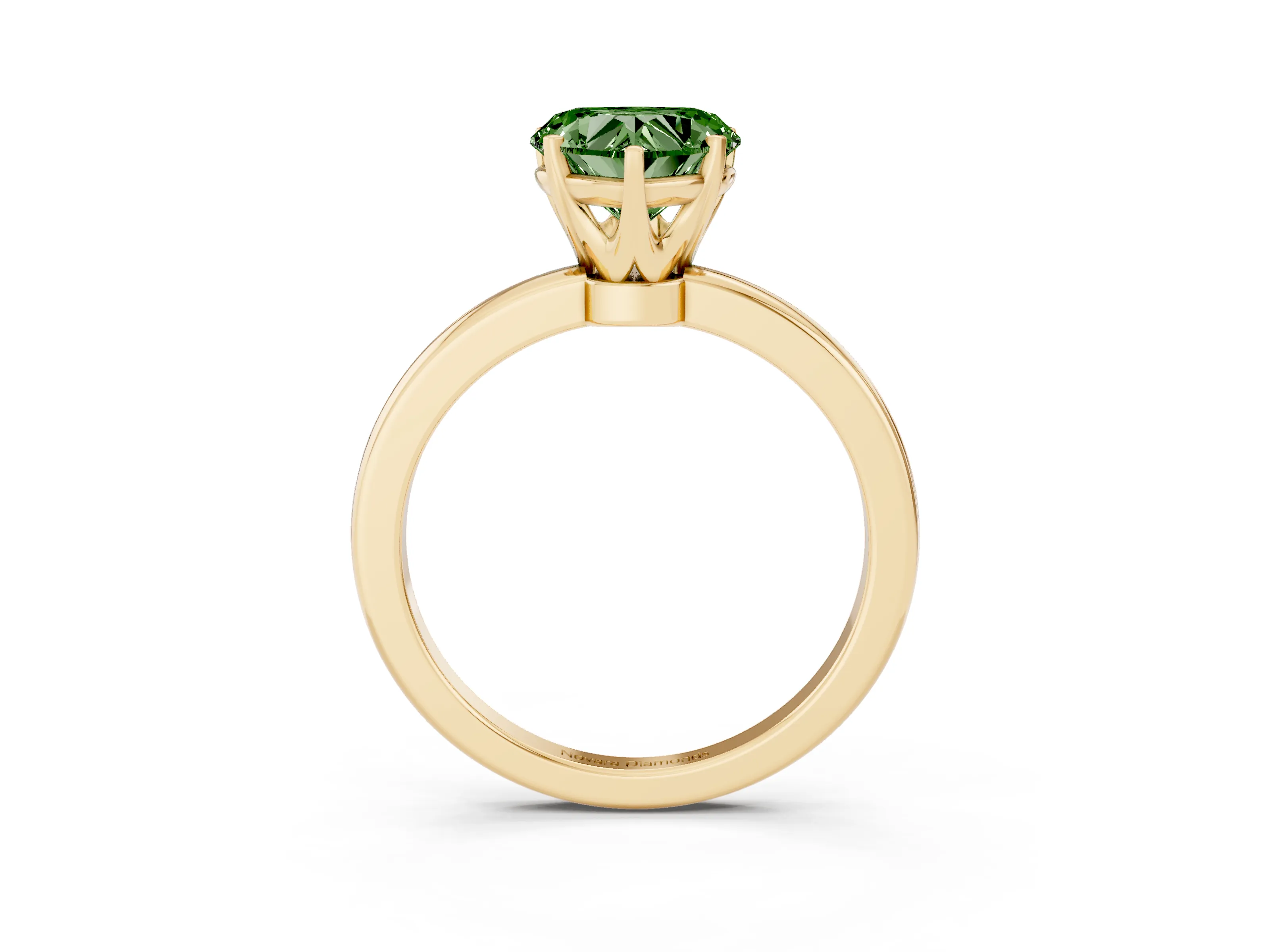 Fancy Green Heart Cut Diamond Solitaire Ring Set in Yellow gold with Raised Prong Setting on a Classic Band