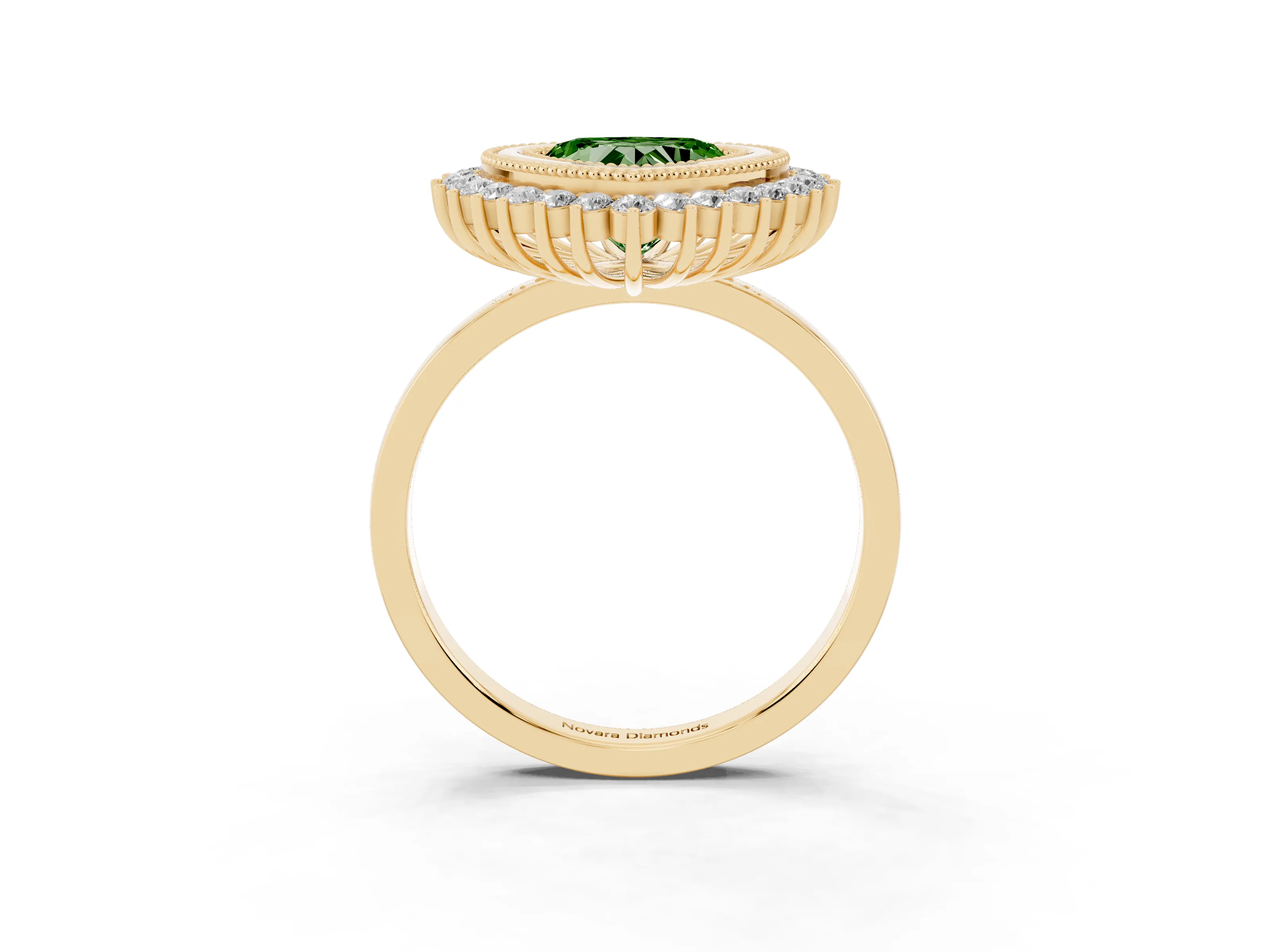 Fancy Green Heart Cut Diamond Halo Ring Set in Yellow gold with Milgrain Edge and Round Prong Setting