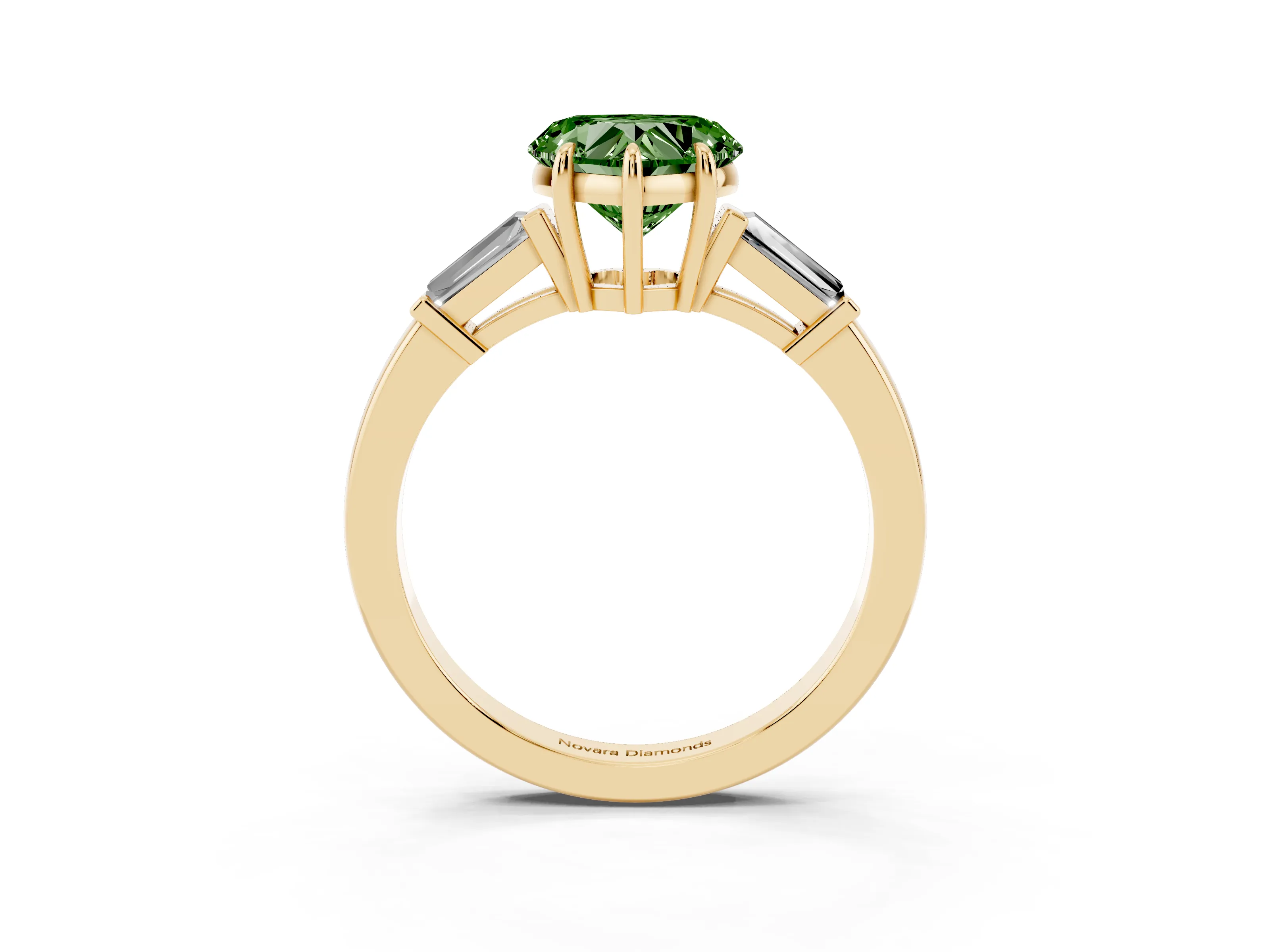 Fancy Green Heart Cut Diamond Three-Stone Ring Set in Yellow gold with Tapered Baguette Side Stones and Prong Setting