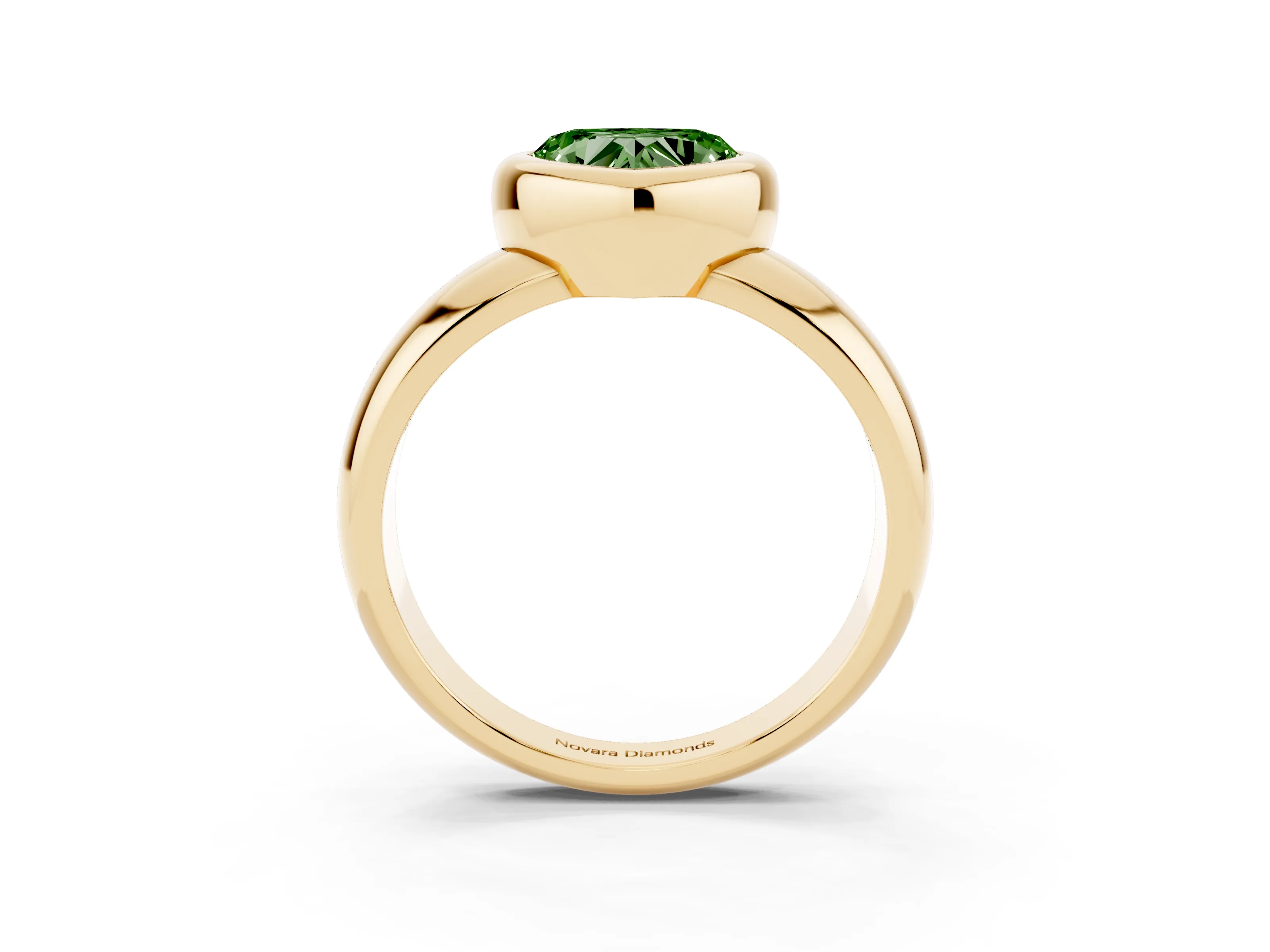 Fancy Green Bezel Set Heart Cut Diamond Solitaire Ring Set in Yellow gold with Wide Band