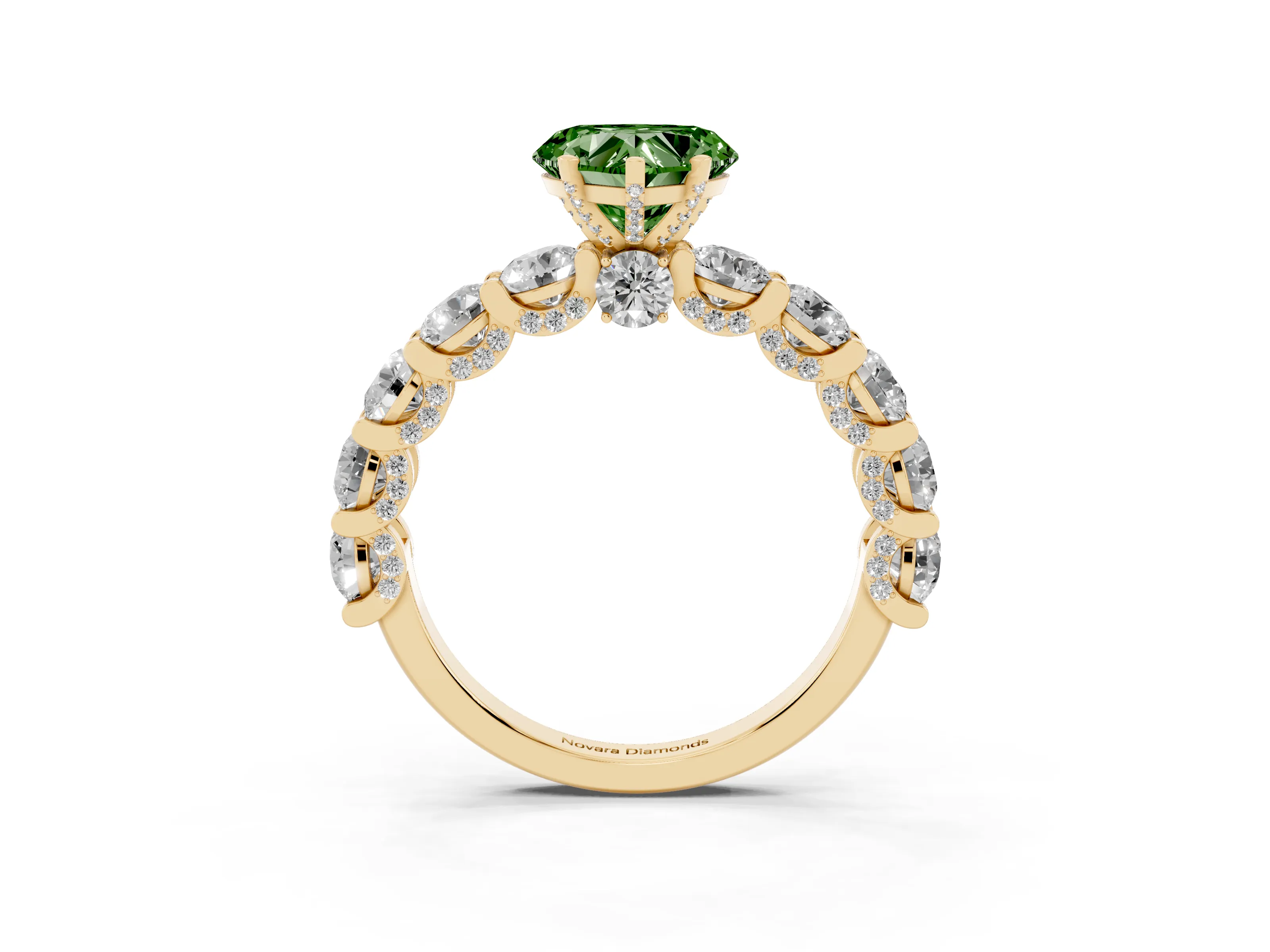 Fancy Green Heart Cut Diamond Side Stone Ring Set in Yellow gold with Alternating Round and Oval Side Stones