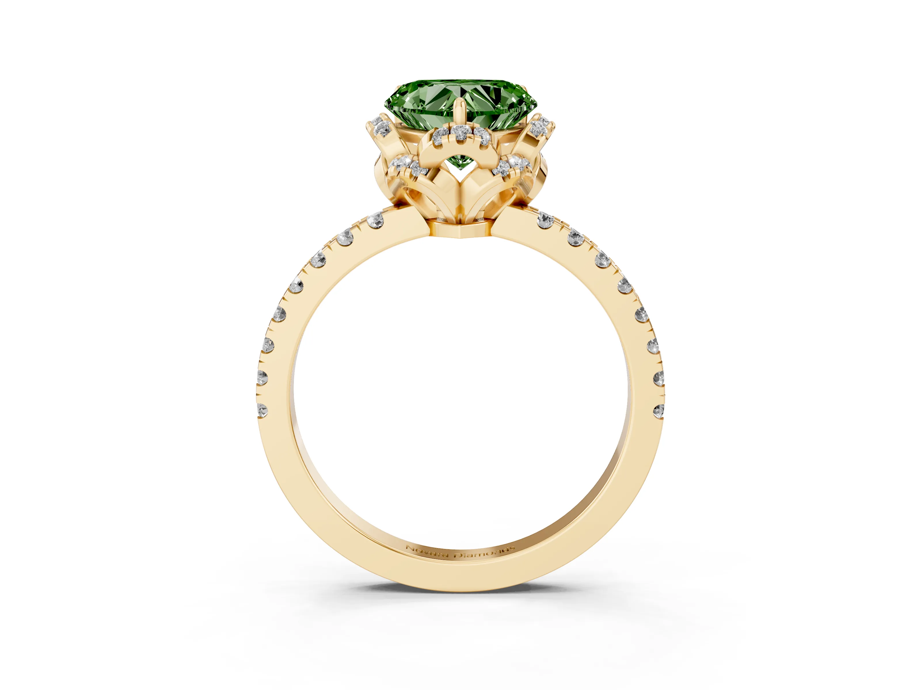 Fancy Green Heart Cut Diamond Halo Pavé Band Ring Set in Yellow gold with Prong-Held Center