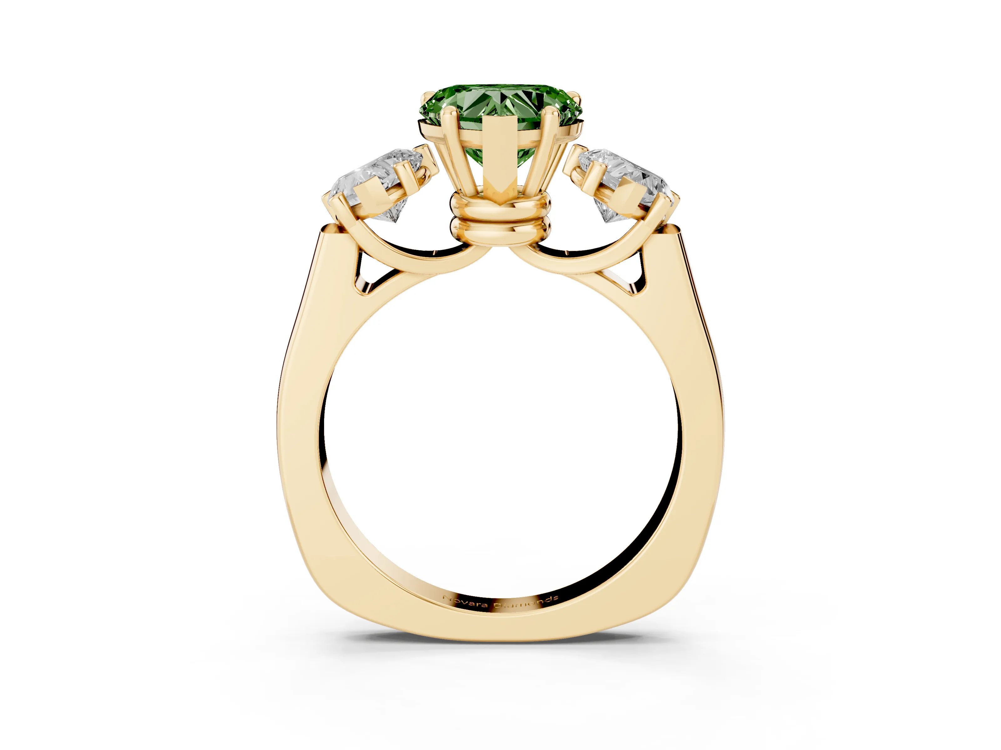 Fancy Green Heart Cut Diamond Three-Stone Trellis Ring Set in Yellow gold with Comfort Fit Band