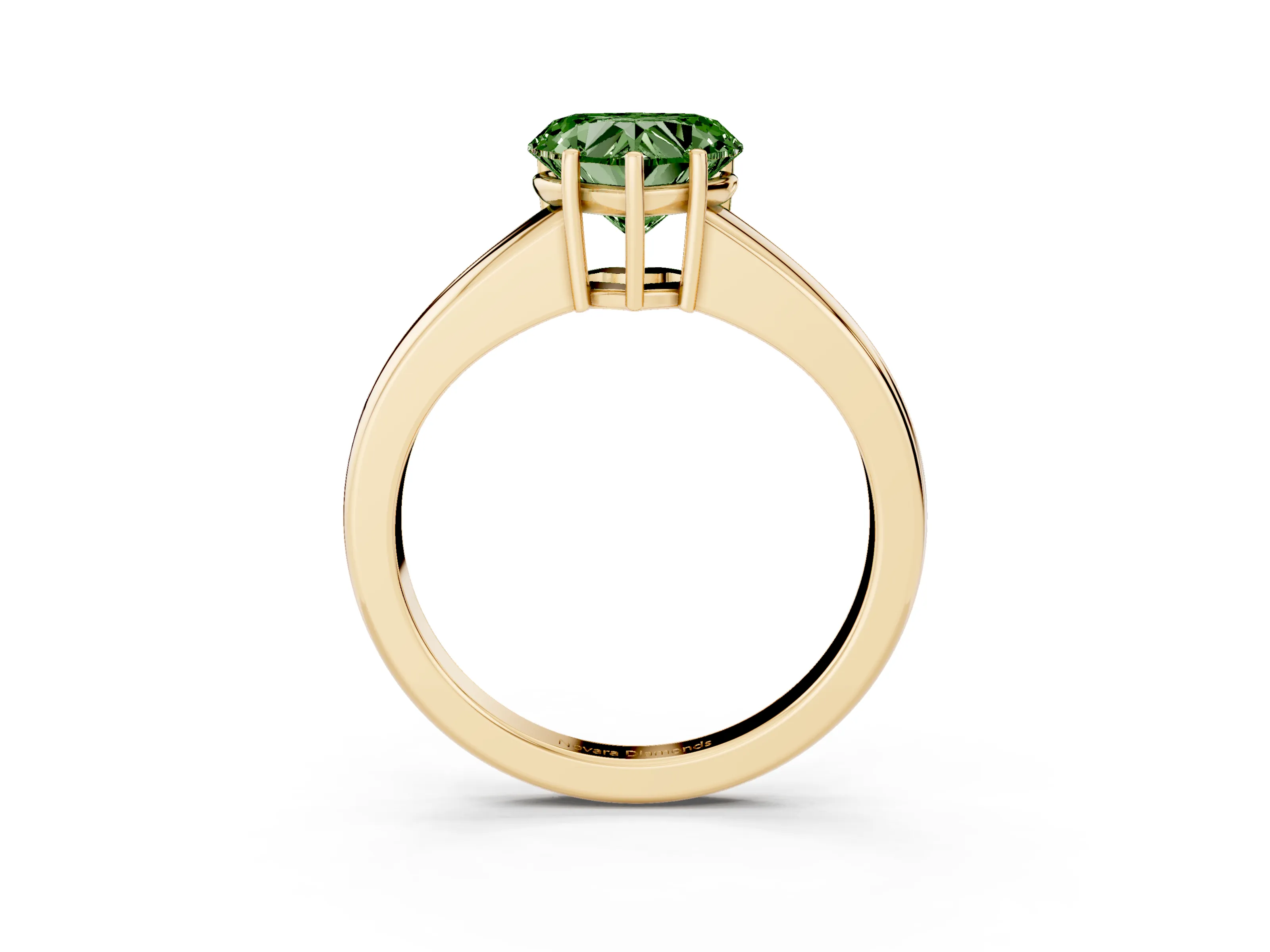 Fancy Green Heart Cut Diamond Solitaire Ring Set in Yellow gold with Tapered Band and Prong Setting