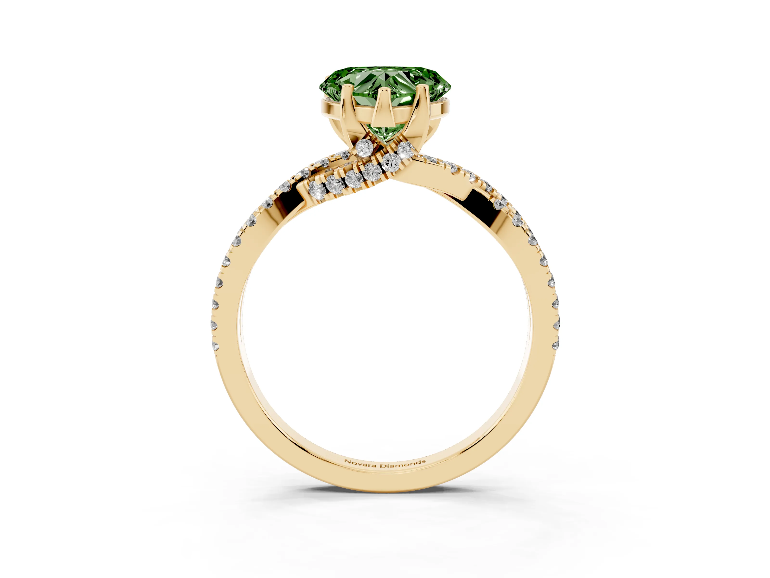 Fancy Green Heart Cut Diamond Twist Pavé Solitaire Engagement Ring Set in Yellow gold with Prong Setting