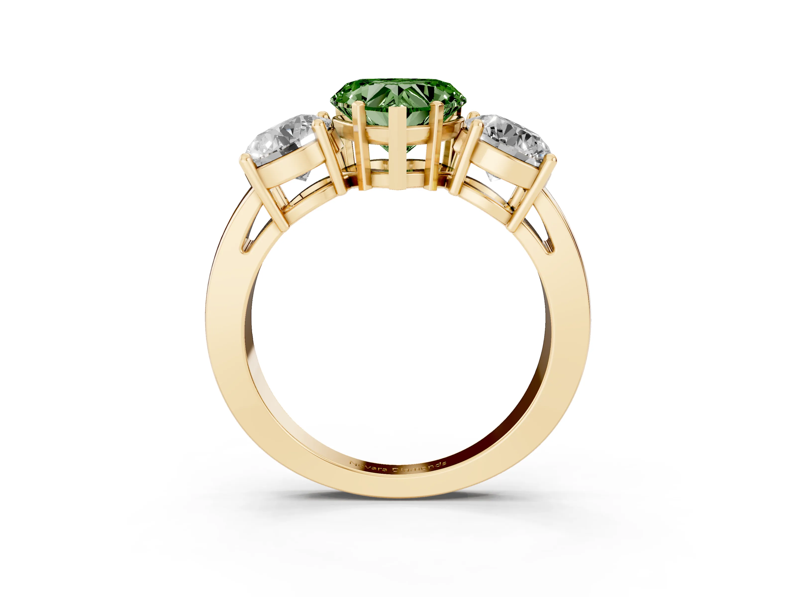Fancy Green Heart Cut Diamond Three-Stone Ring Set in Yellow gold with Round Side Stones and Classic Band