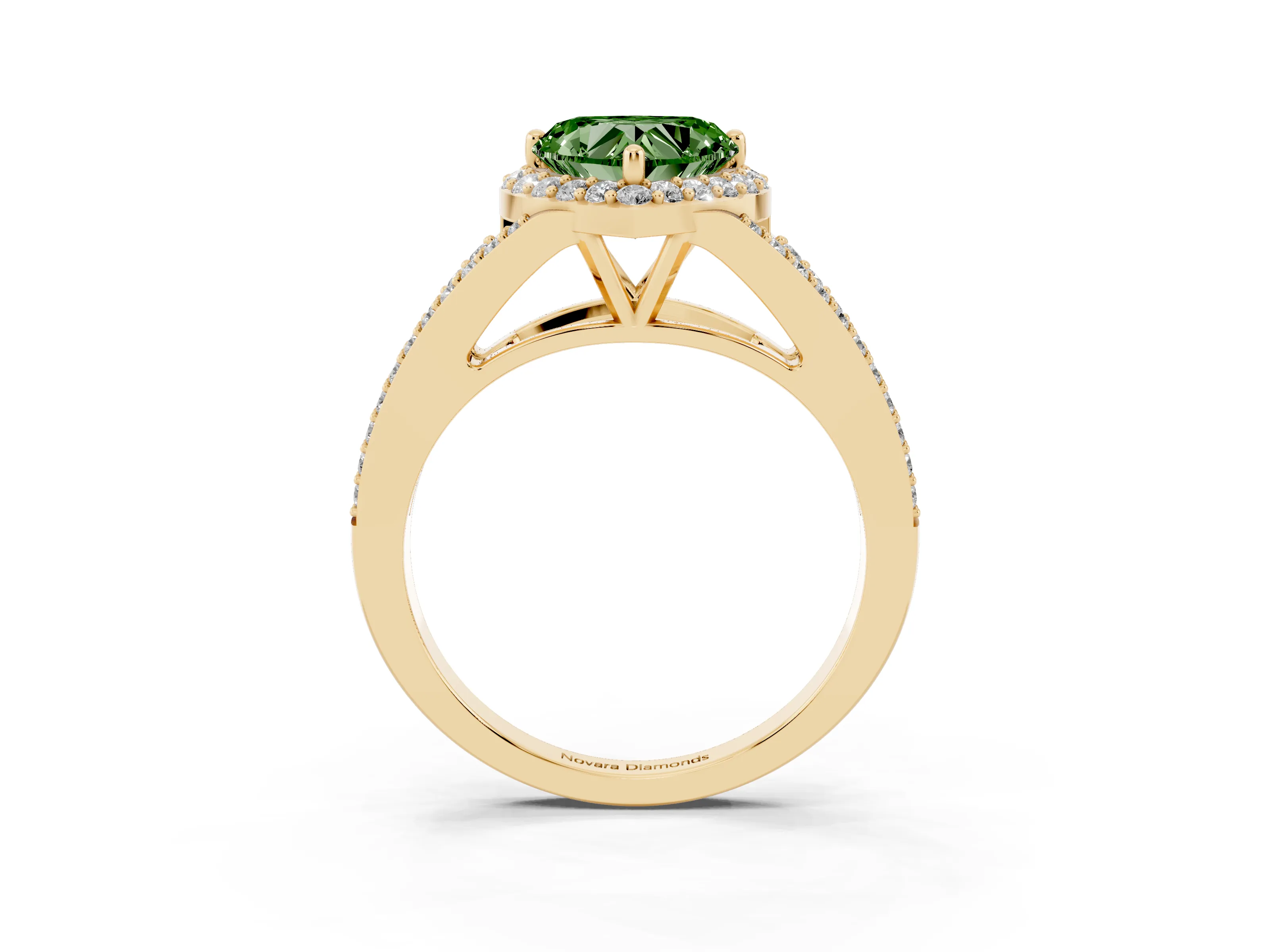Fancy Green Heart Cut Diamond Halo Split Shank Pavé Ring Set in Yellow gold with Prong Setting