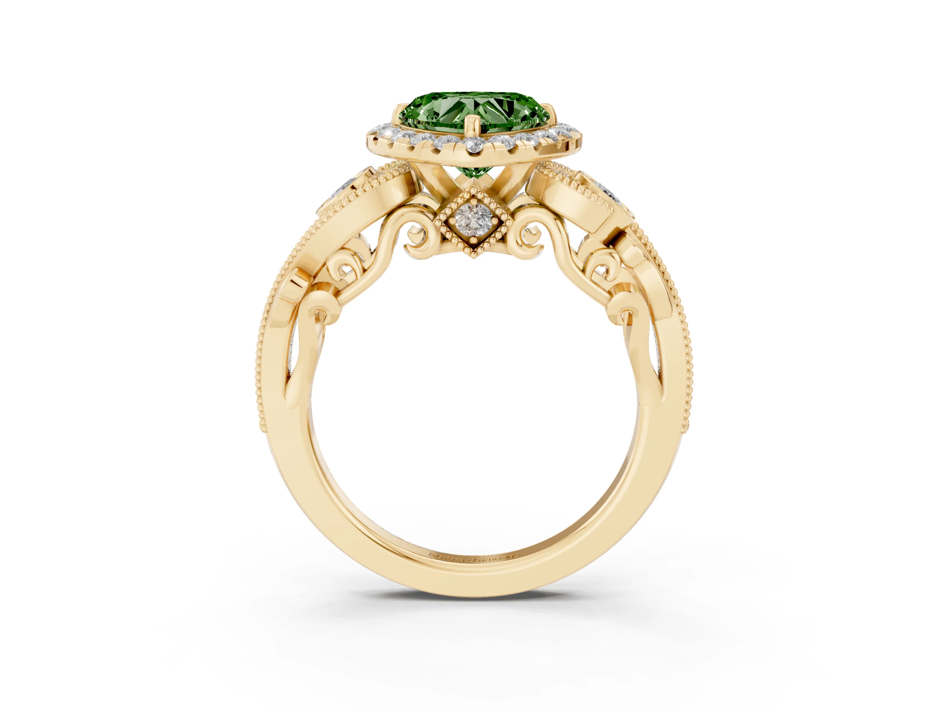 Fancy Green Heart Cut Diamond Halo Ring Set in Yellow gold with Milgrain Pavé Band and Prong Setting