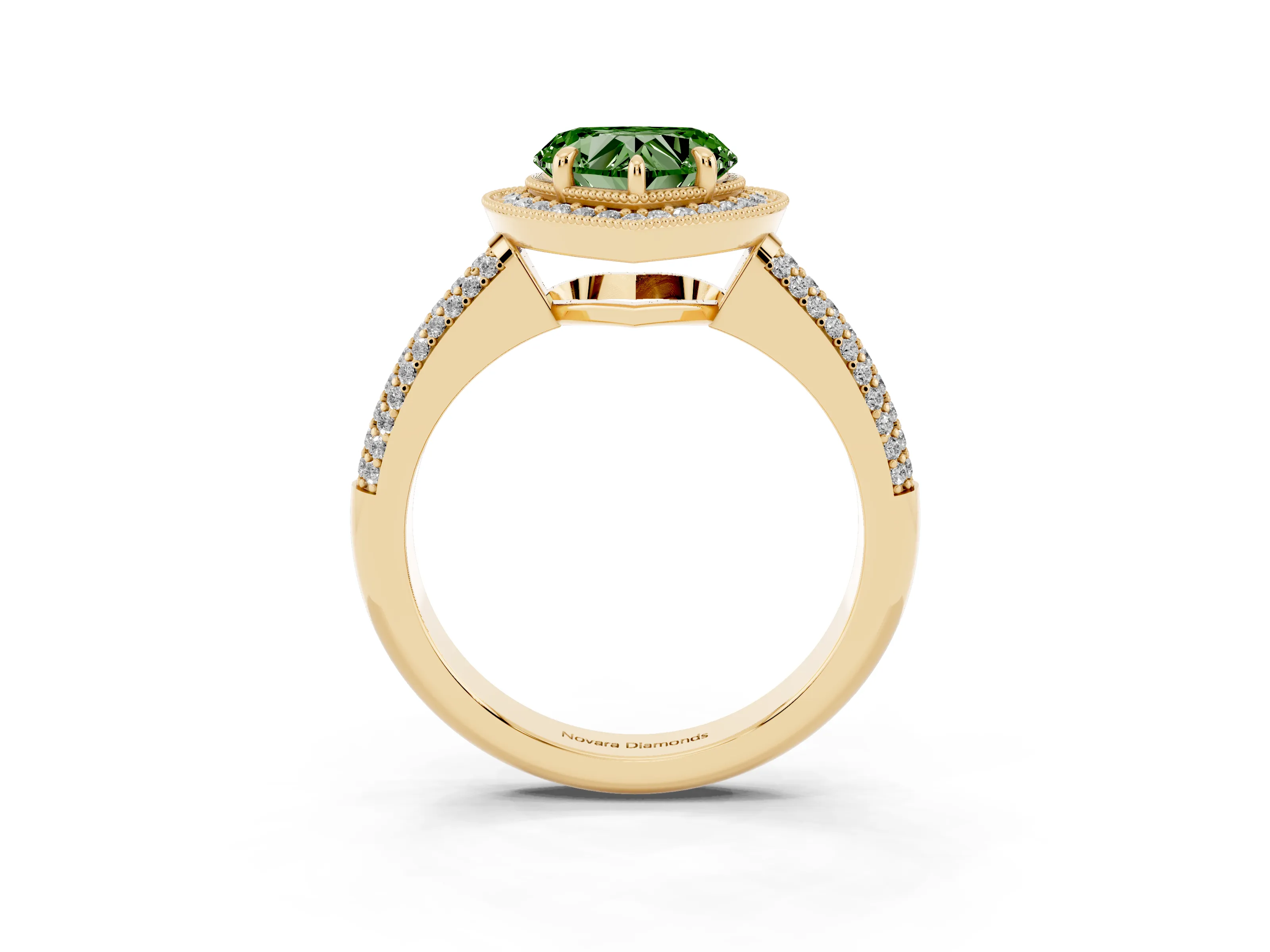 Fancy Green Heart Cut Diamond Halo Pavé Band Set in Yellow gold with Prong Setting