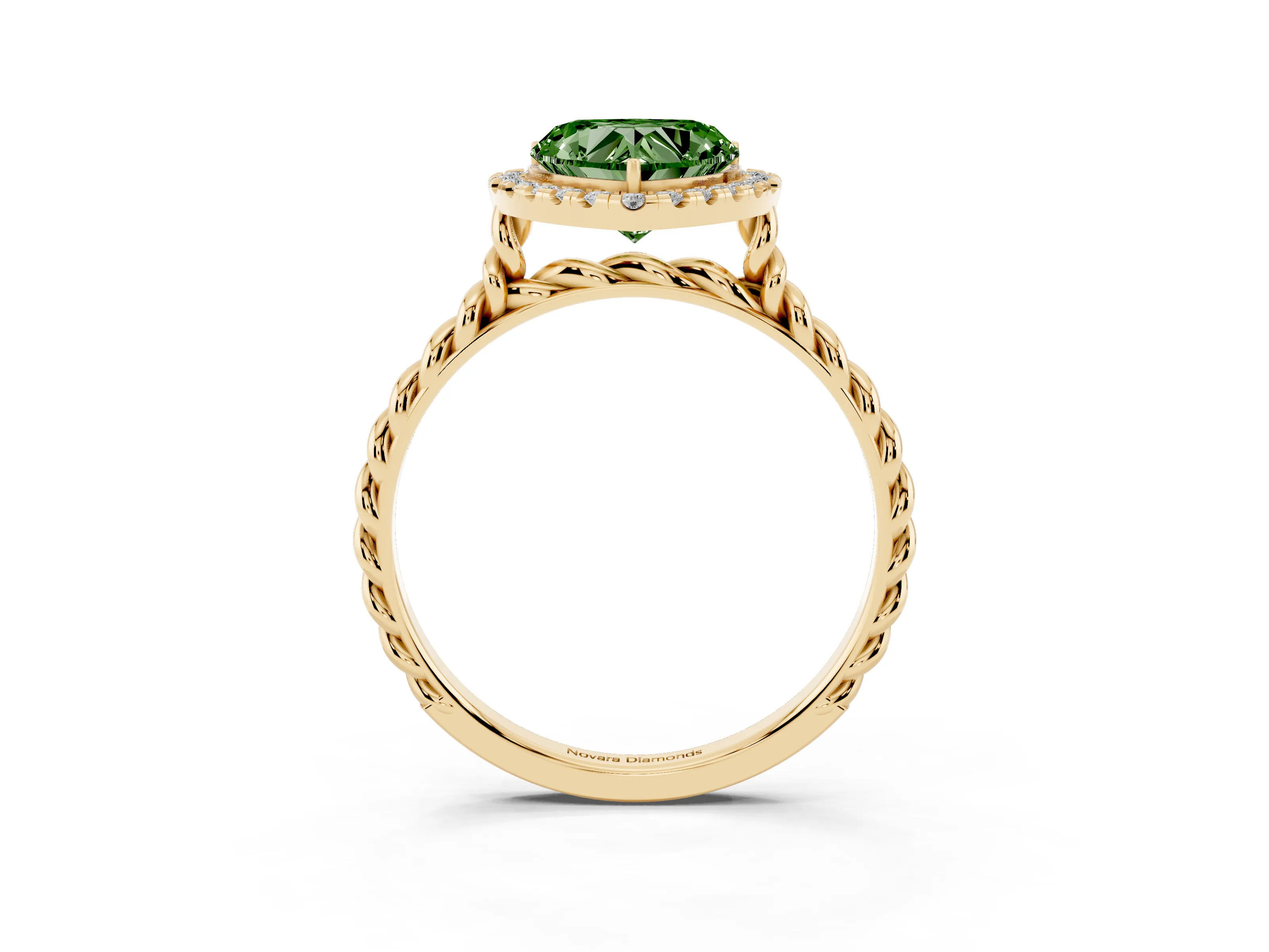 Fancy Green Heart Cut Diamond Halo Ring Set in Yellow gold with Plain Twisted Band
