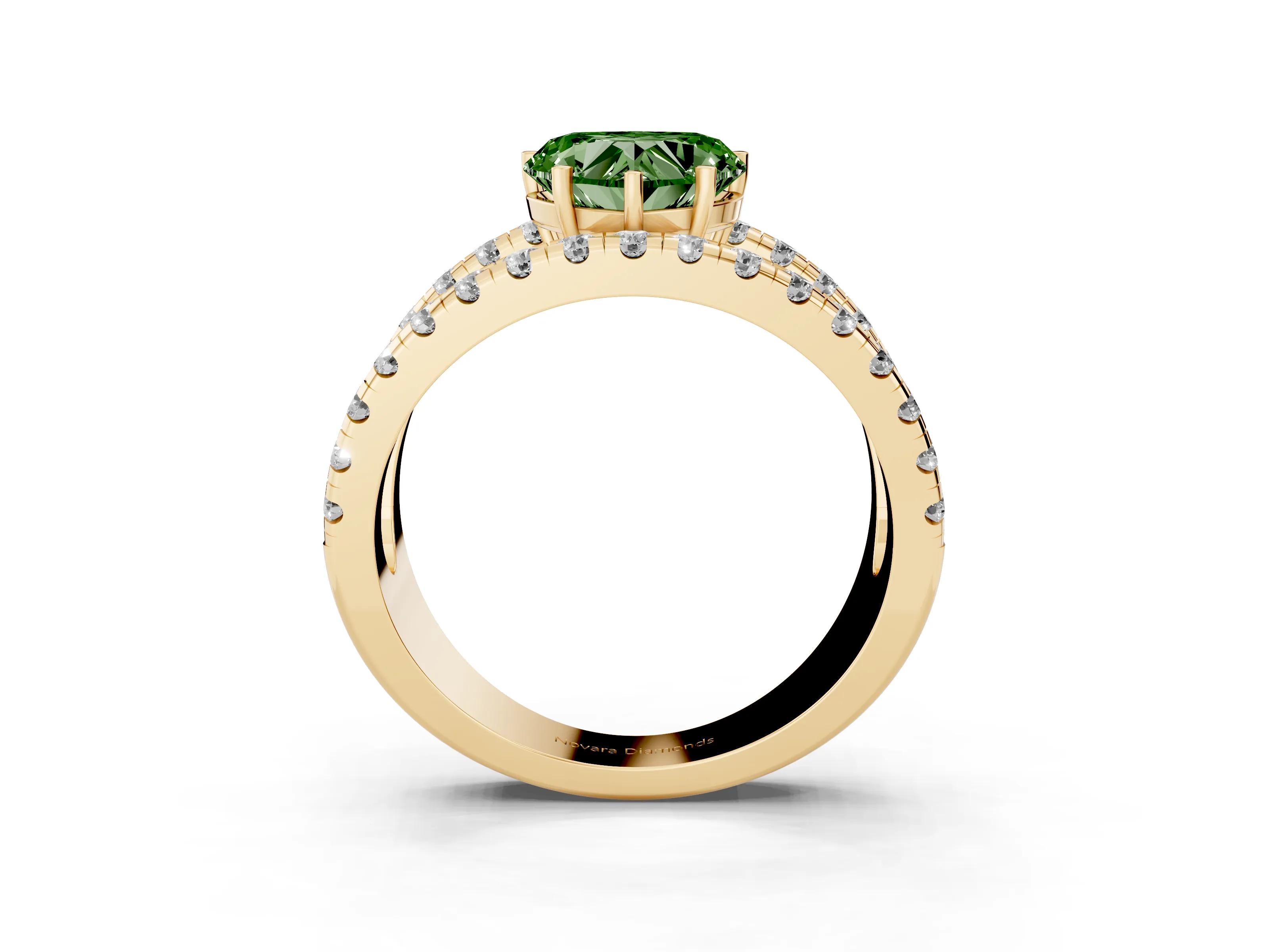 Fancy Green Heart Cut Diamond Split Shank Pavé Solitaire Ring Set in Yellow gold with Open Shank Design