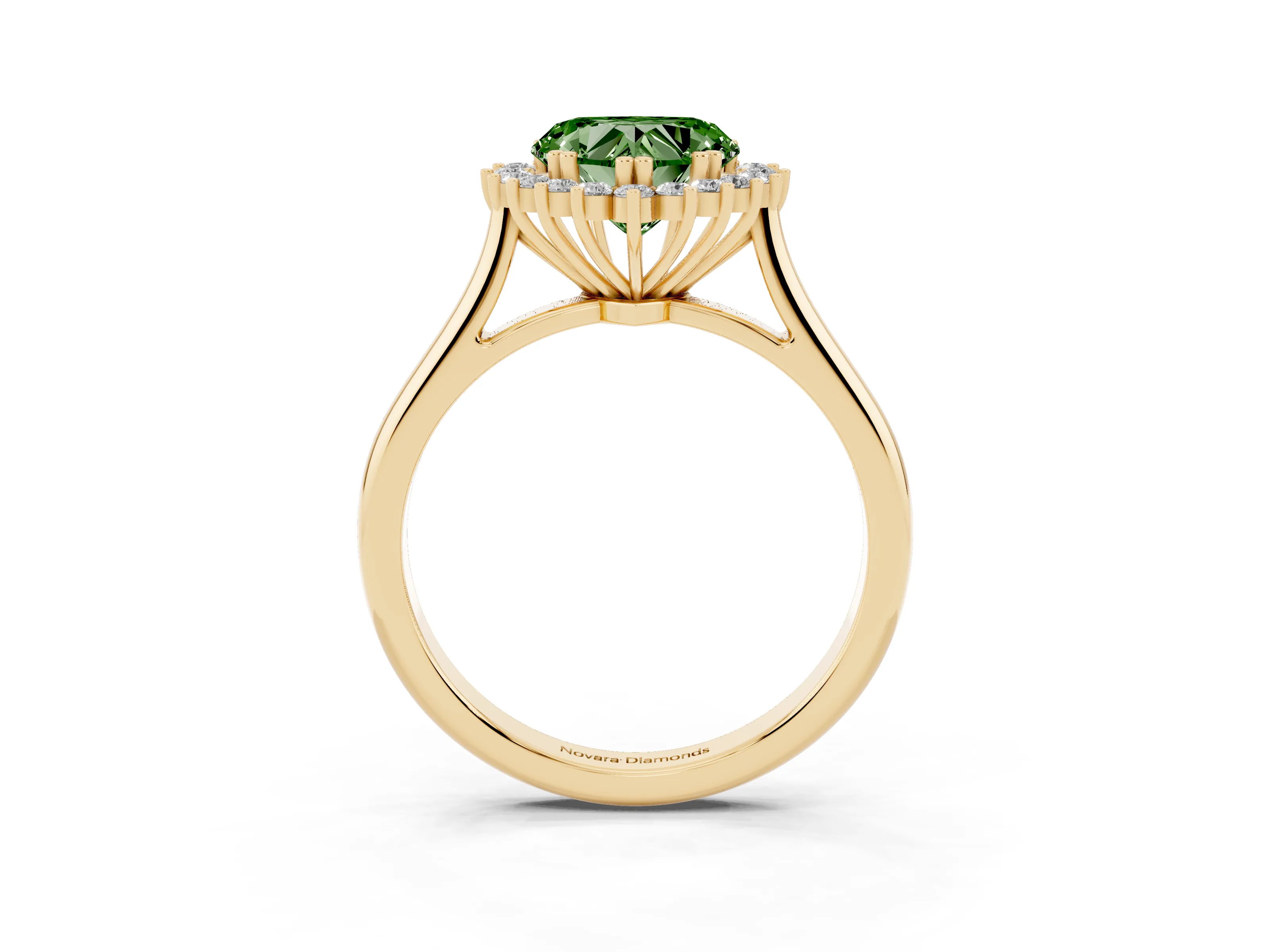 Fancy Green Heart Cut Diamond Halo Ring Set in Yellow gold with Plain Solitaire Band and Prong Setting
