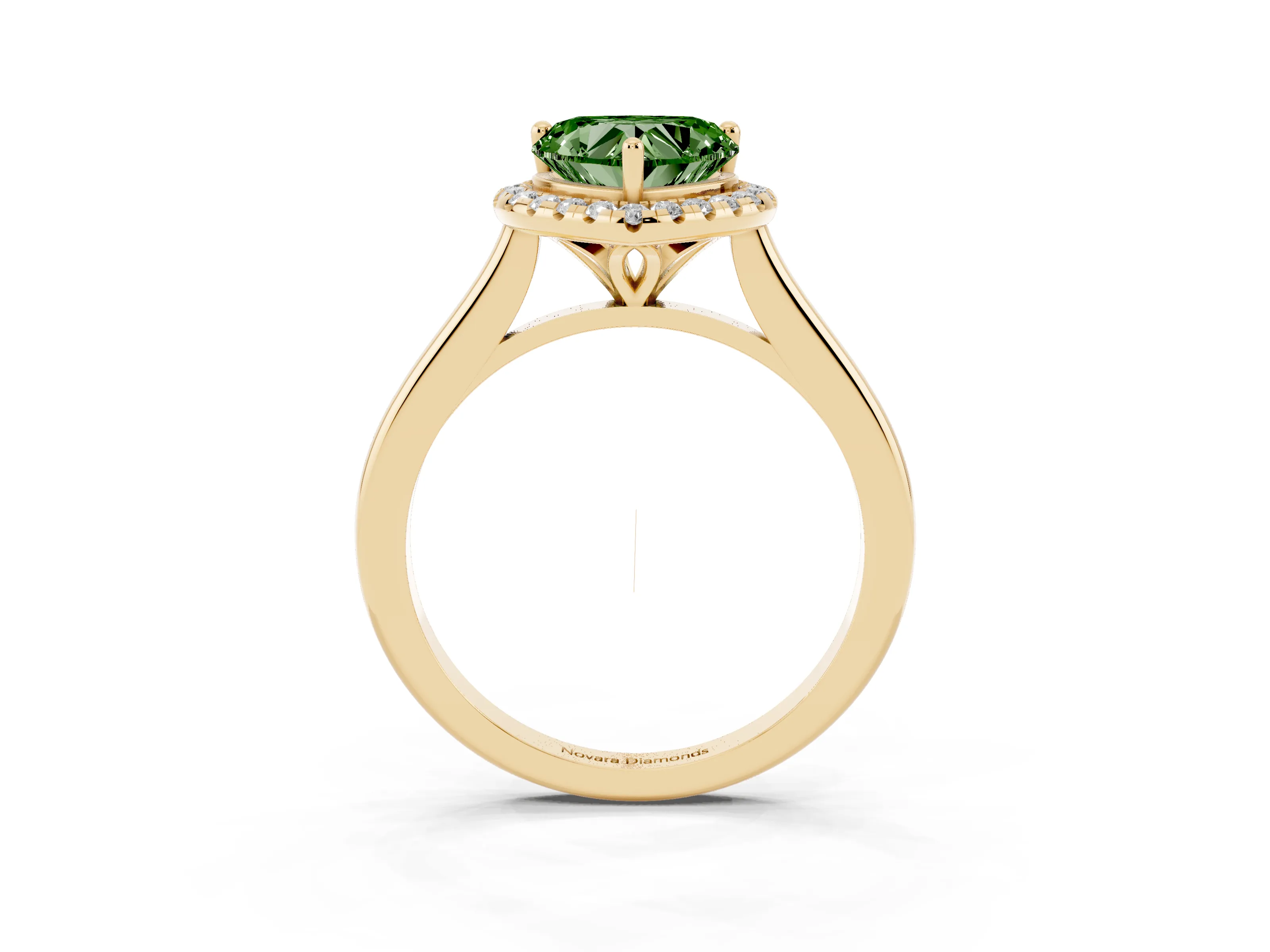 Fancy Green Heart Cut Diamond Halo Engagement Ring Set in Yellow gold with Pavé Band and Rising Shoulders