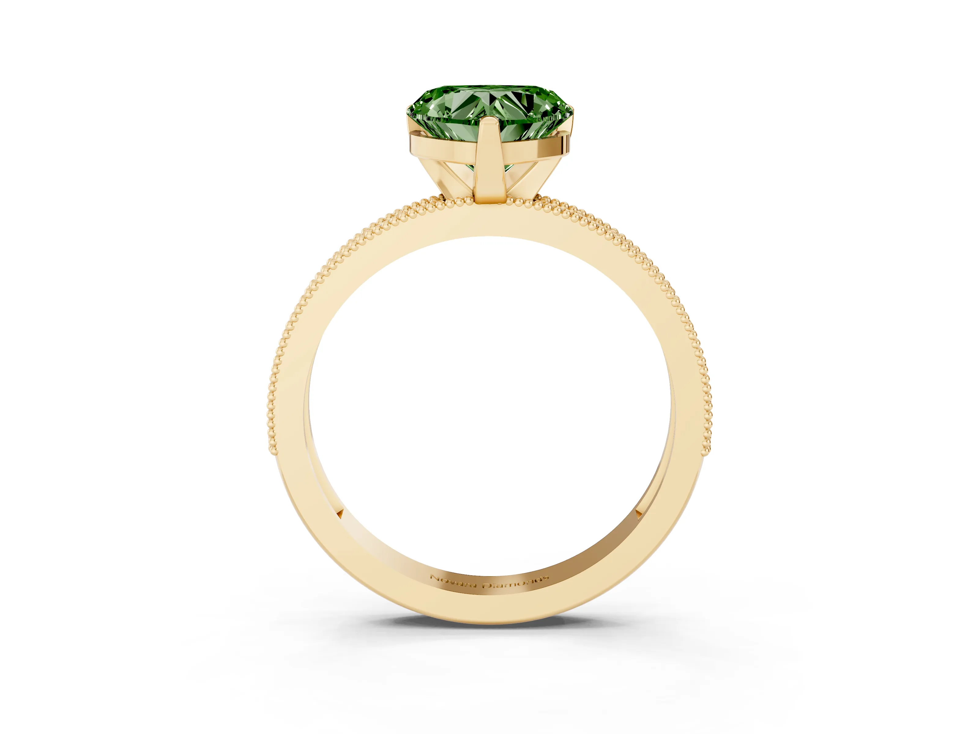 Fancy Green Heart Cut Diamond Milgrain Pavé Engagement Ring Set in Yellow gold with Prong Setting