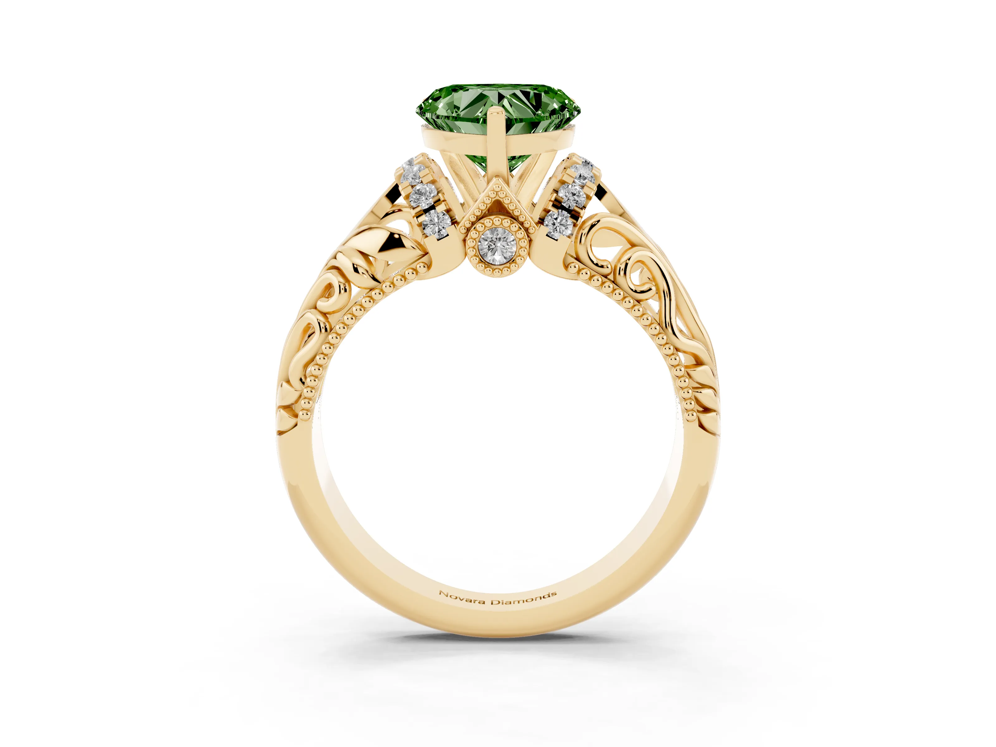 Fancy Green Heart Cut Diamond Filigree Halo Engagement Ring Set in Yellow gold with Prong Setting