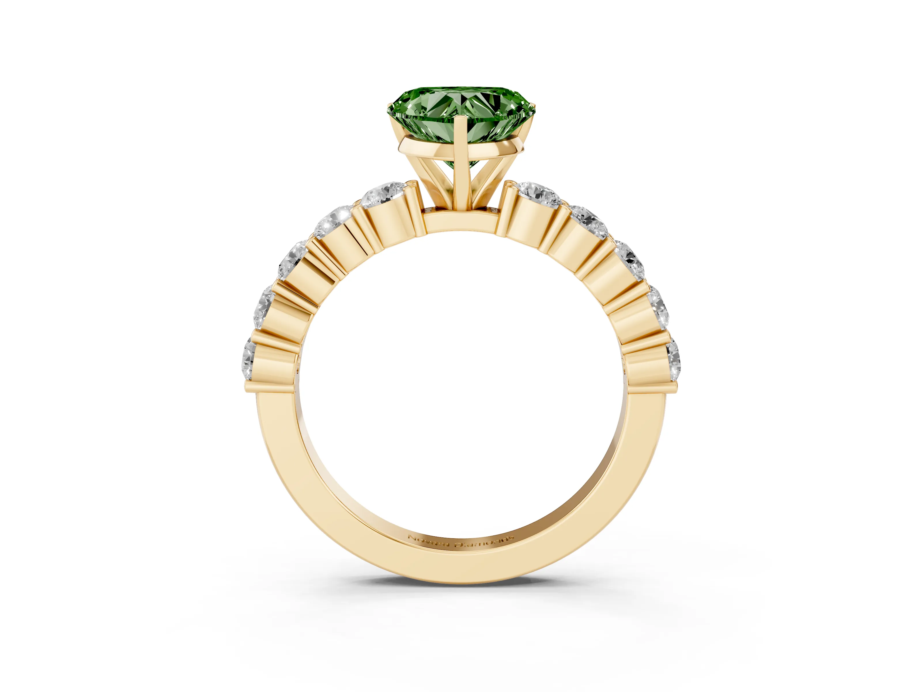 Fancy Green Heart Cut Diamond Solitaire Ring Set in Yellow gold with Shared Prong Round Side Stones