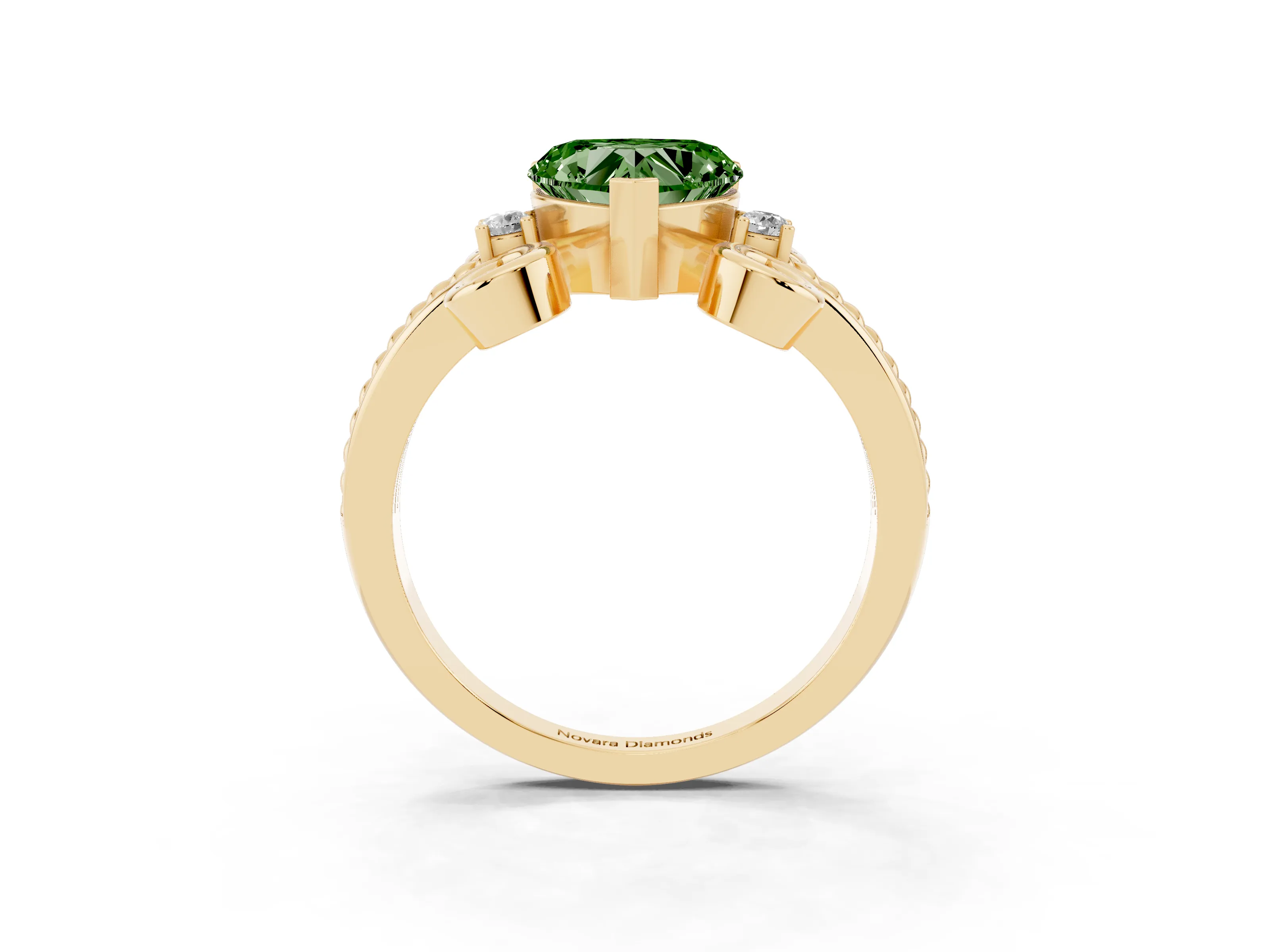 Fancy Green Heart Cut Diamond Twisted Band Solitaire Ring Set in Yellow gold with Scroll Prongs