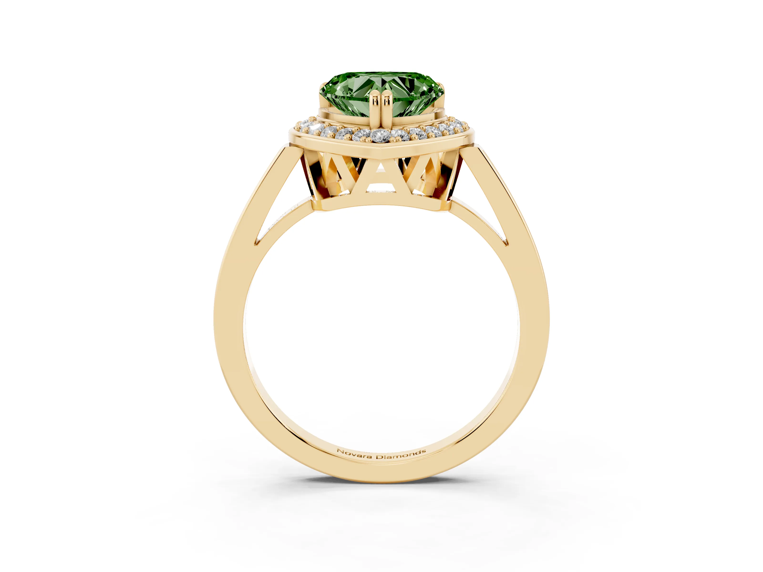 Fancy Green Heart Cut Diamond Halo Ring Set in Yellow gold with Accent-Lined Split Shank and Prong Setting