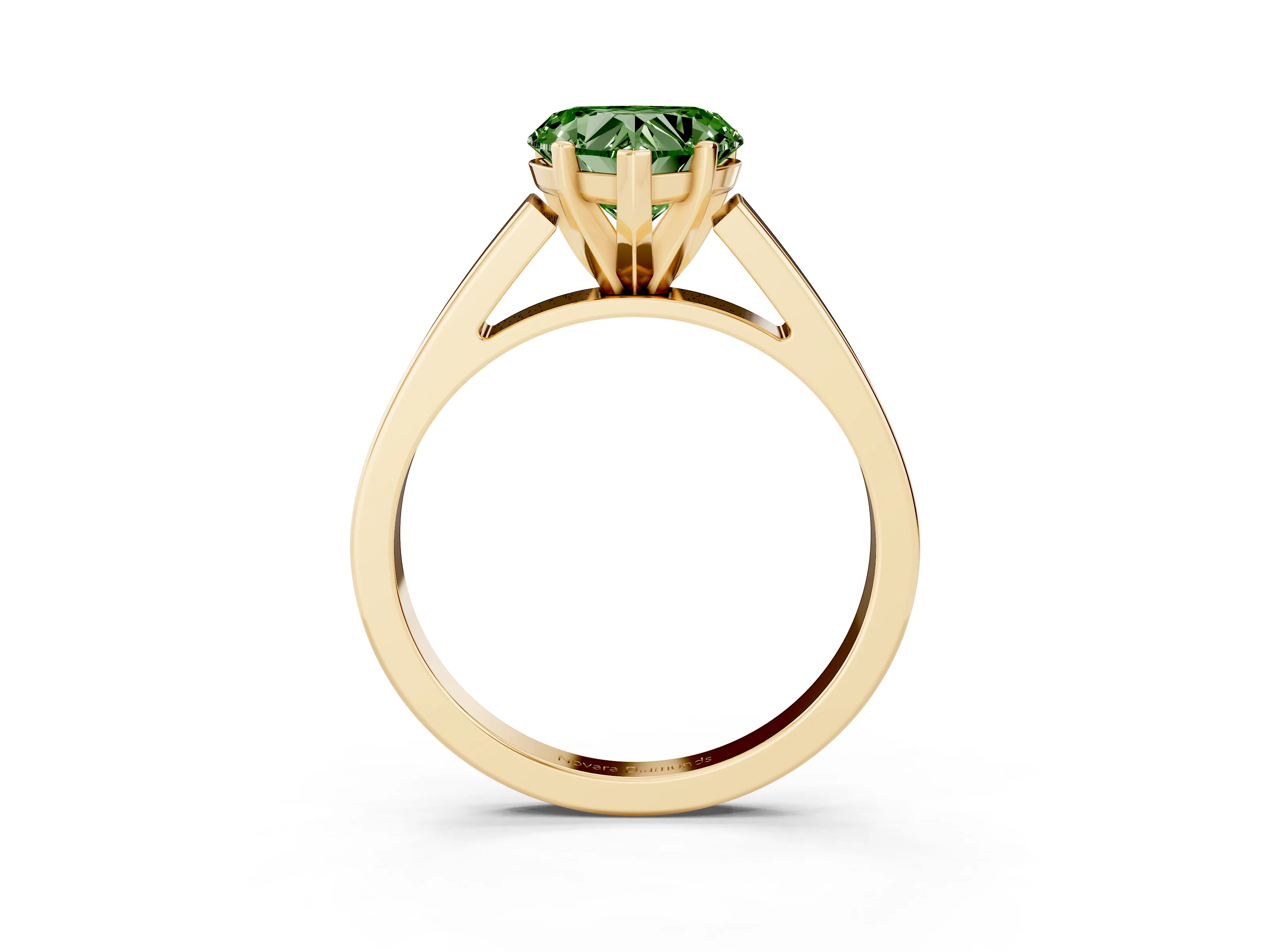 Fancy Green Heart Cut Diamond Solitaire Engagement Ring Set in Yellow gold with Prong Setting and Tapered Band