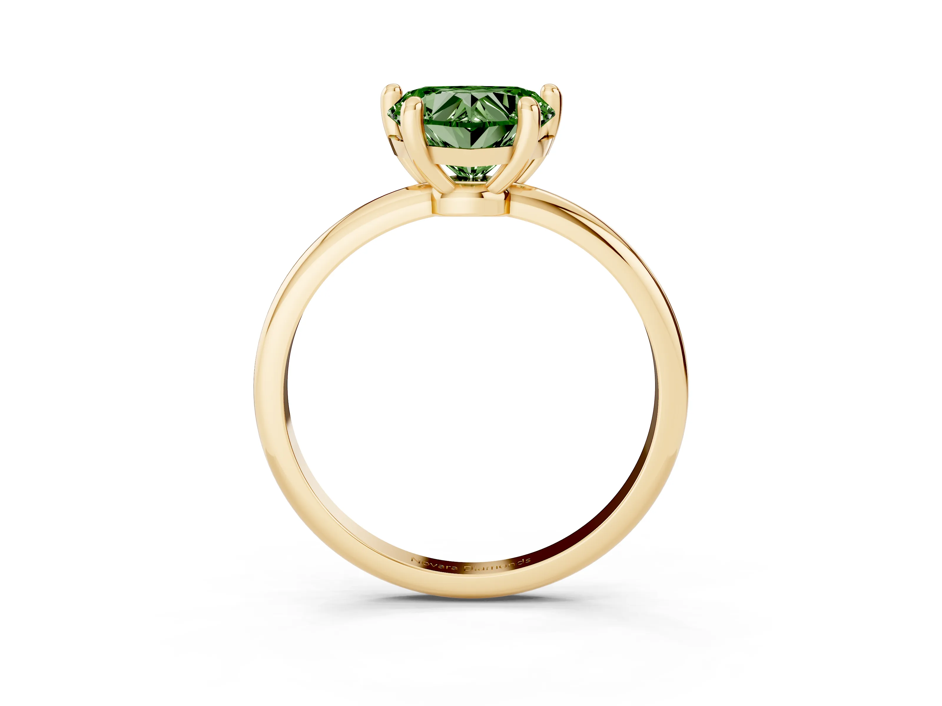 Fancy Green Heart Cut Diamond Solitaire Ring Set in Yellow gold with Secure Prong Setting on a Classic Band