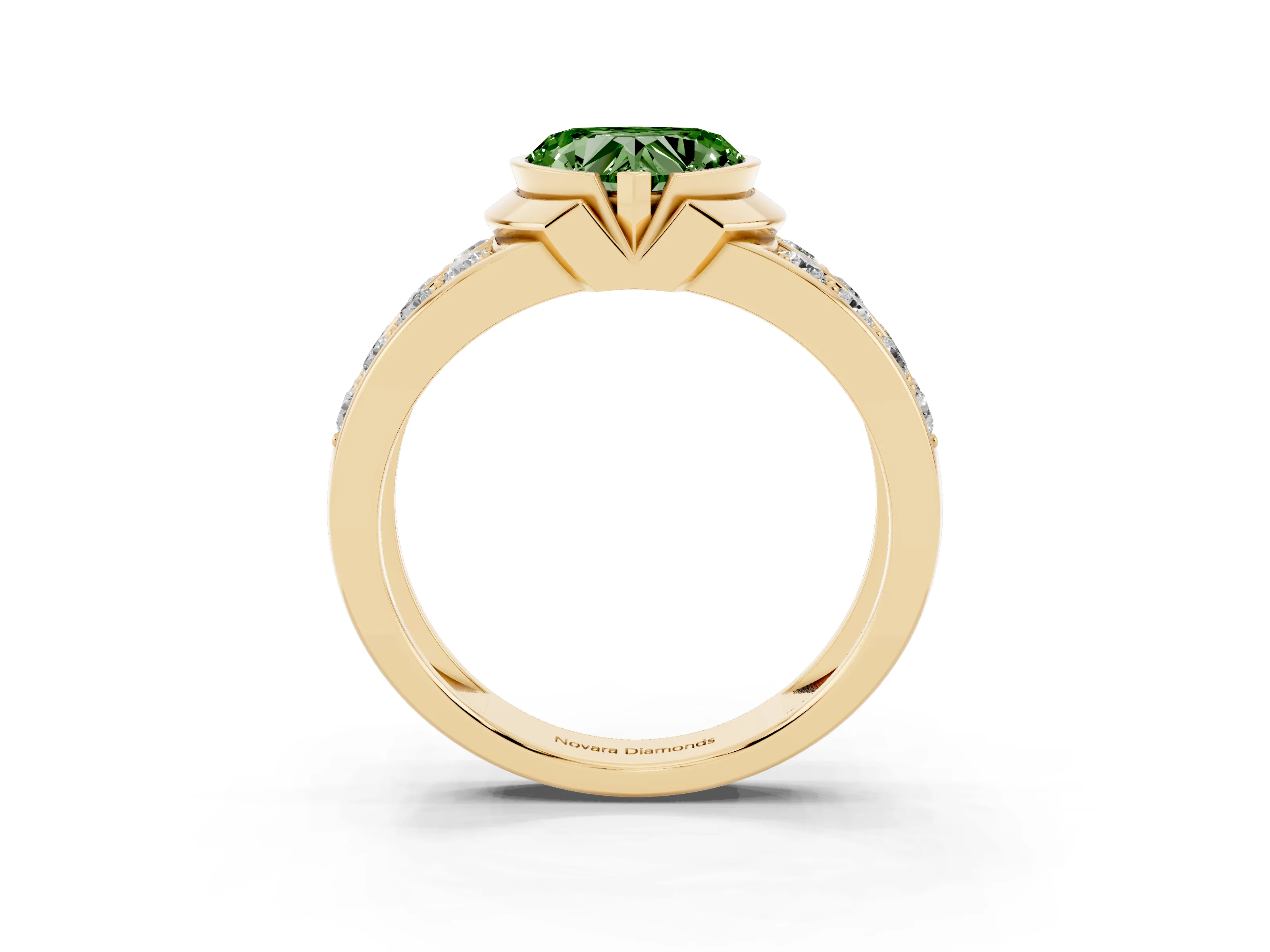 Fancy Green Heart Cut Diamond Wide Channel Set Band Ring Set in Yellow gold with Bezel Setting