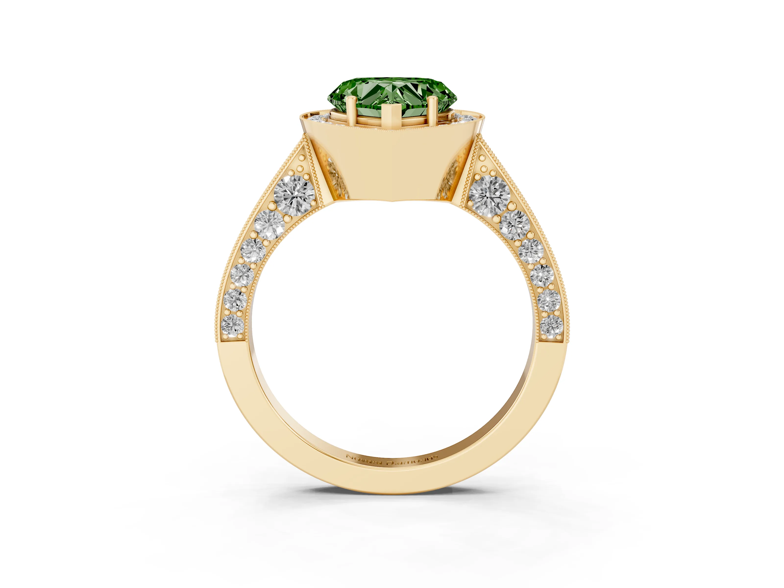 Fancy Green Heart Cut Diamond Halo Engagement Ring Set in Yellow gold with Accent Split Shank Band
