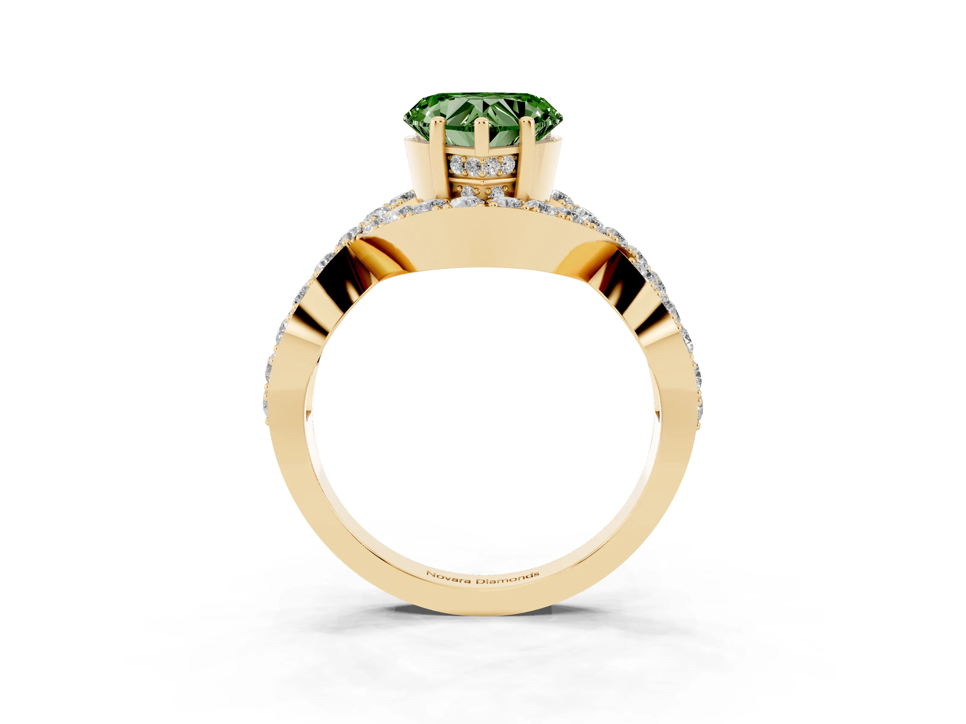 Fancy Green Heart Cut Diamond Solitaire Twist Band Pavé Engagement Ring Set in Yellow gold
