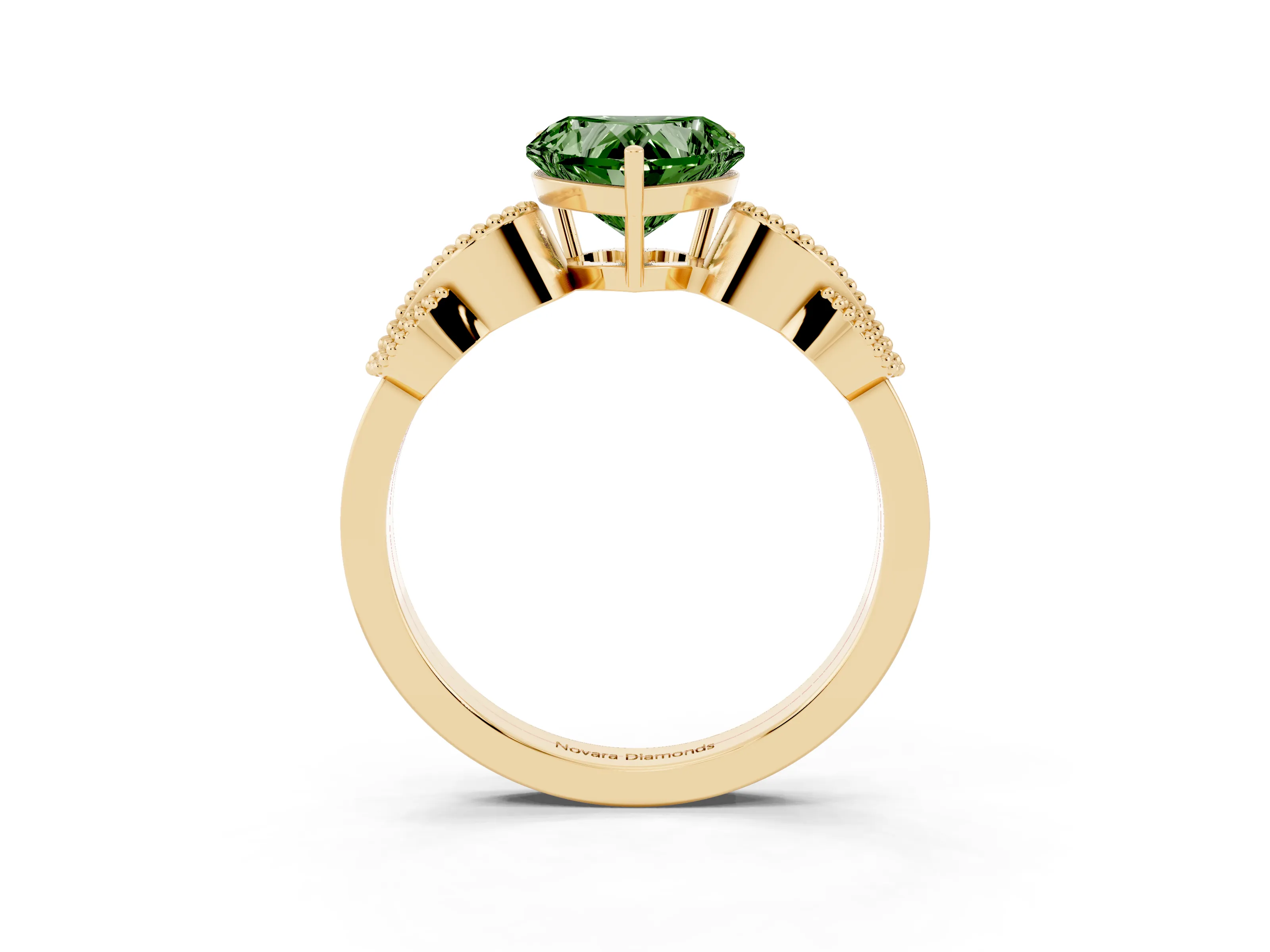 Fancy Green Heart Cut Diamond Milgrain Leaf Band Solitaire Ring Set in Yellow gold with Accent Stones and Prong Setting