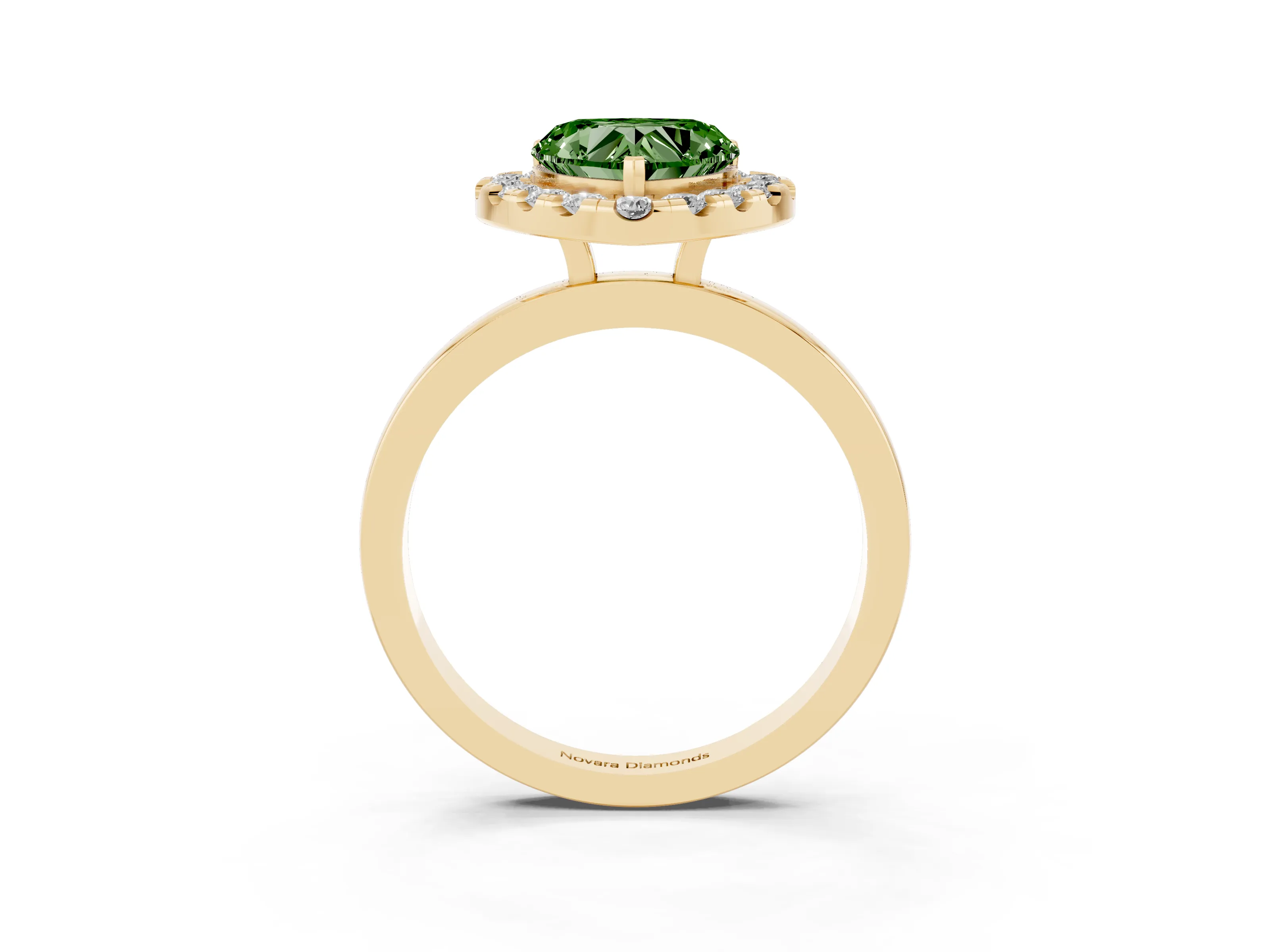 Fancy Green Heart Cut Diamond Halo Solitaire Ring Set in Yellow gold with Pavé Band and Prong Setting