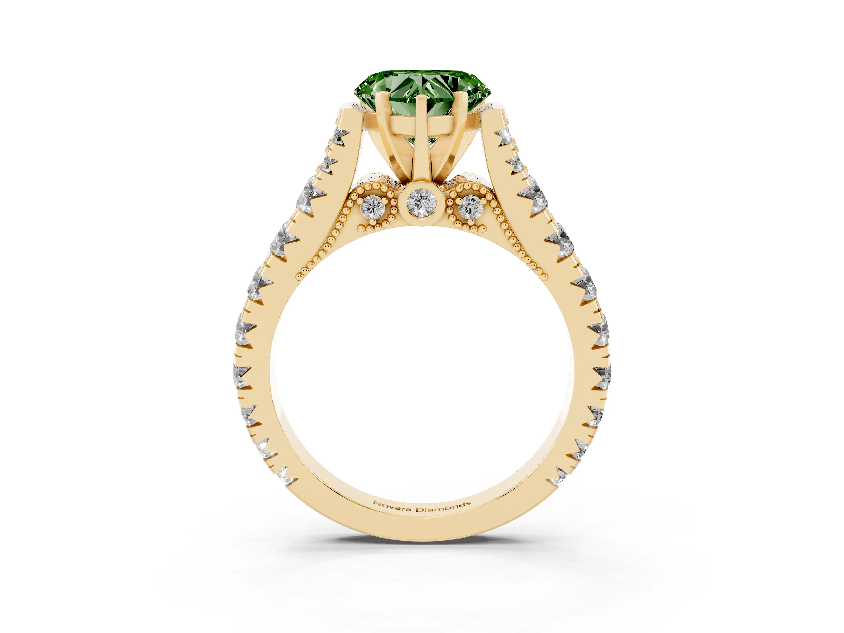 Fancy Green Heart Cut Diamond Classic Solitaire Ring Set in Yellow gold with Pavé Band and Prong Setting