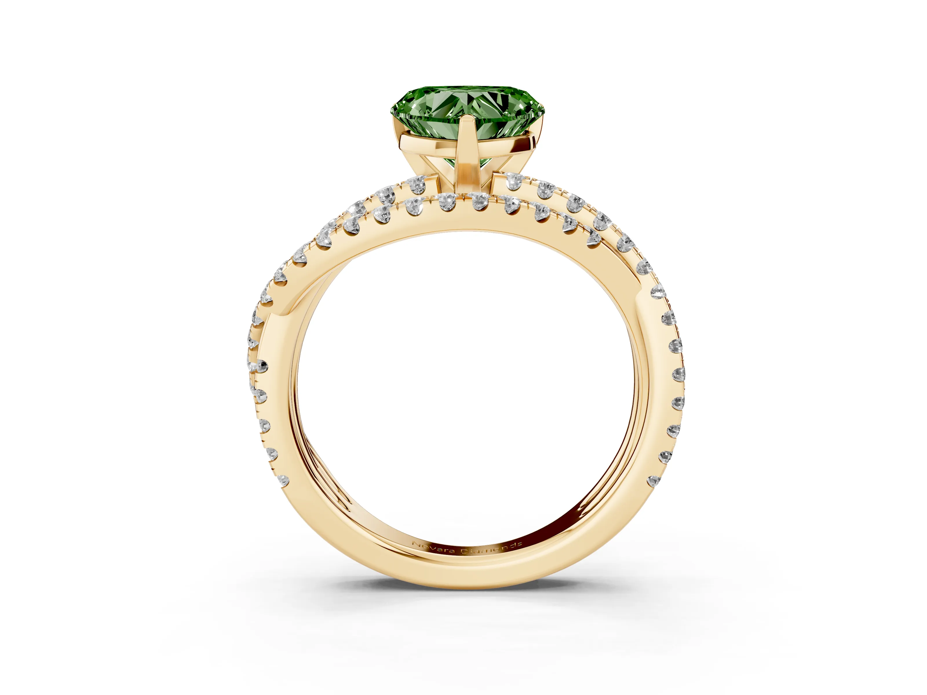 Fancy Green Heart Cut Diamond Solitaire Twist Band Ring Set in Yellow gold with Pavé Setting and Prong Head