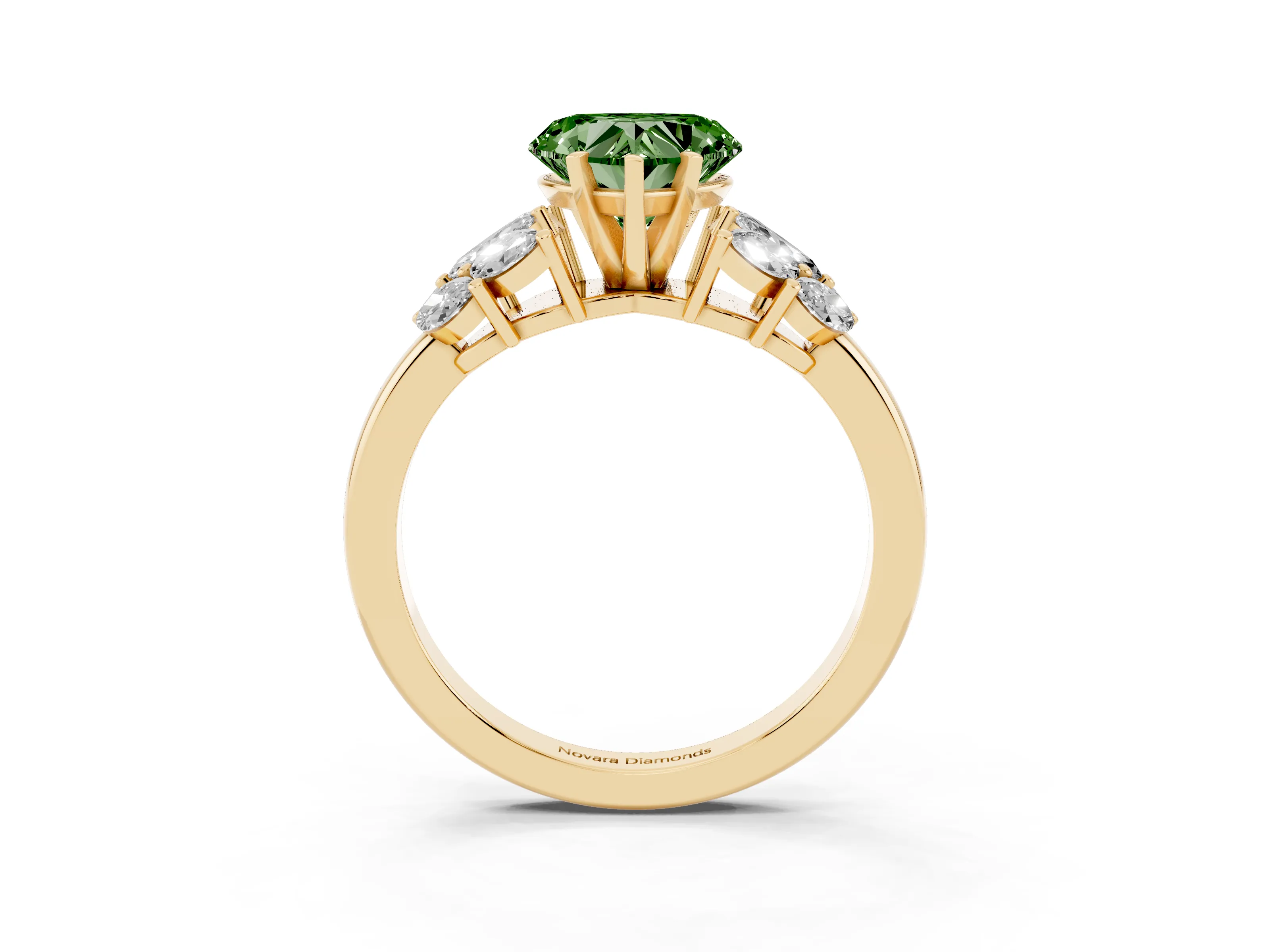 Fancy Green Heart Cut Diamond Cluster Leaf Design Ring Set in Yellow gold with Prong Setting