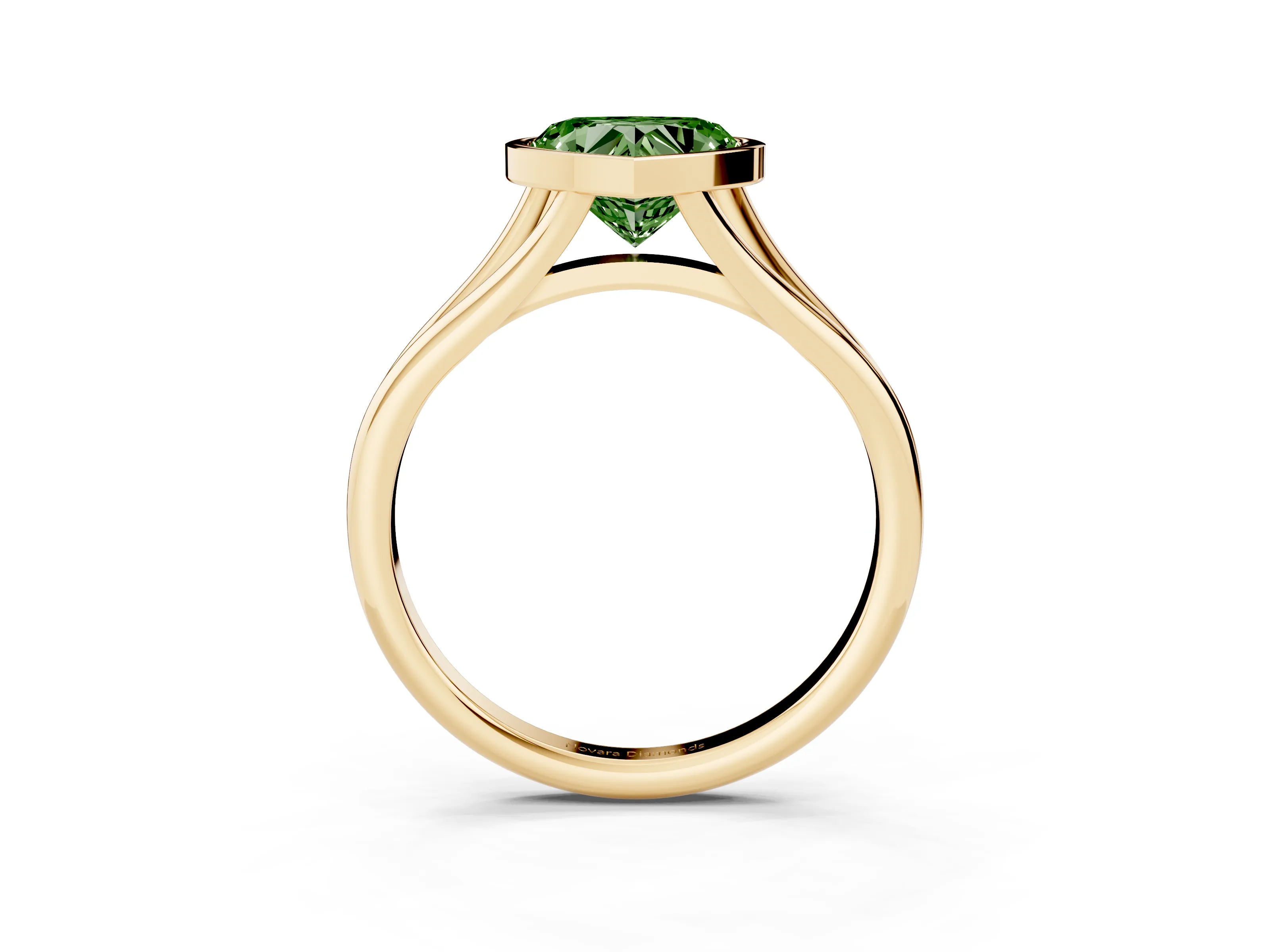 Fancy Green Bezel Set Heart Cut Diamond Solitaire Ring Set in Yellow gold with Tapered Band