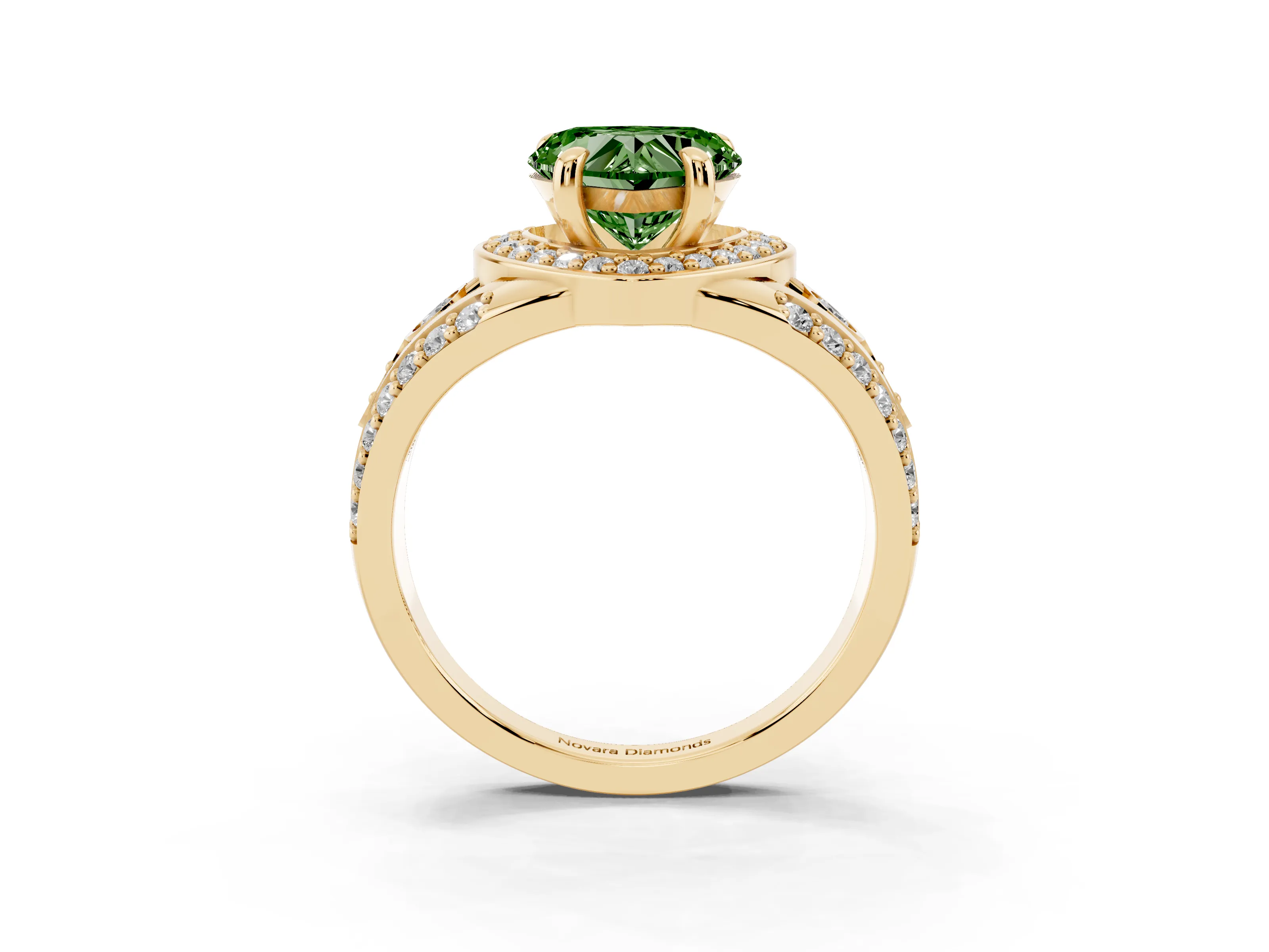 Fancy Green Heart Cut Diamond Halo Ring Set in Yellow gold with Pavé Split Shank and Bezel Accents