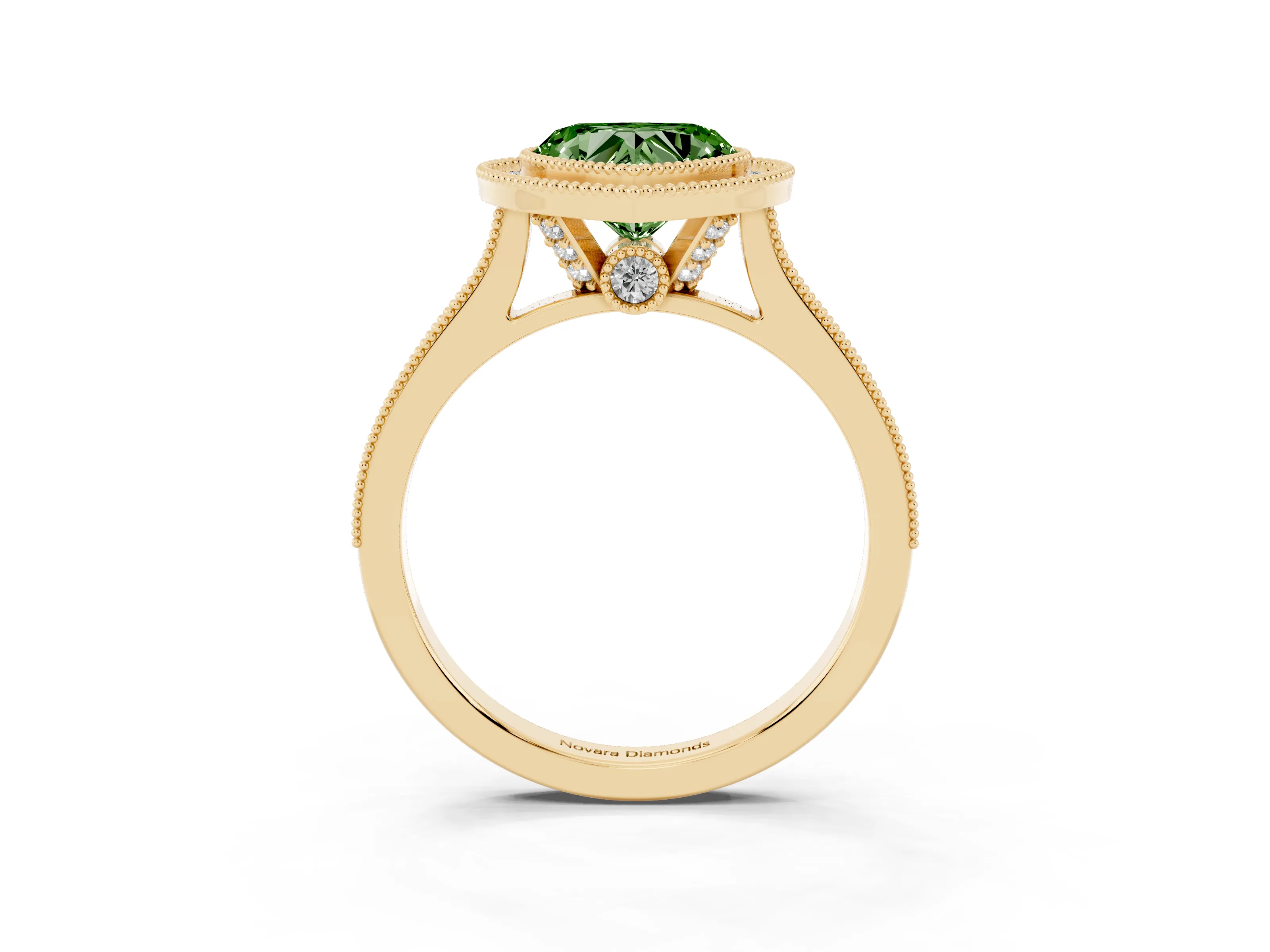 Fancy Green Heart Cut Diamond Halo Milgrain Pavé Band Ring Set in Yellow gold with Prong Setting