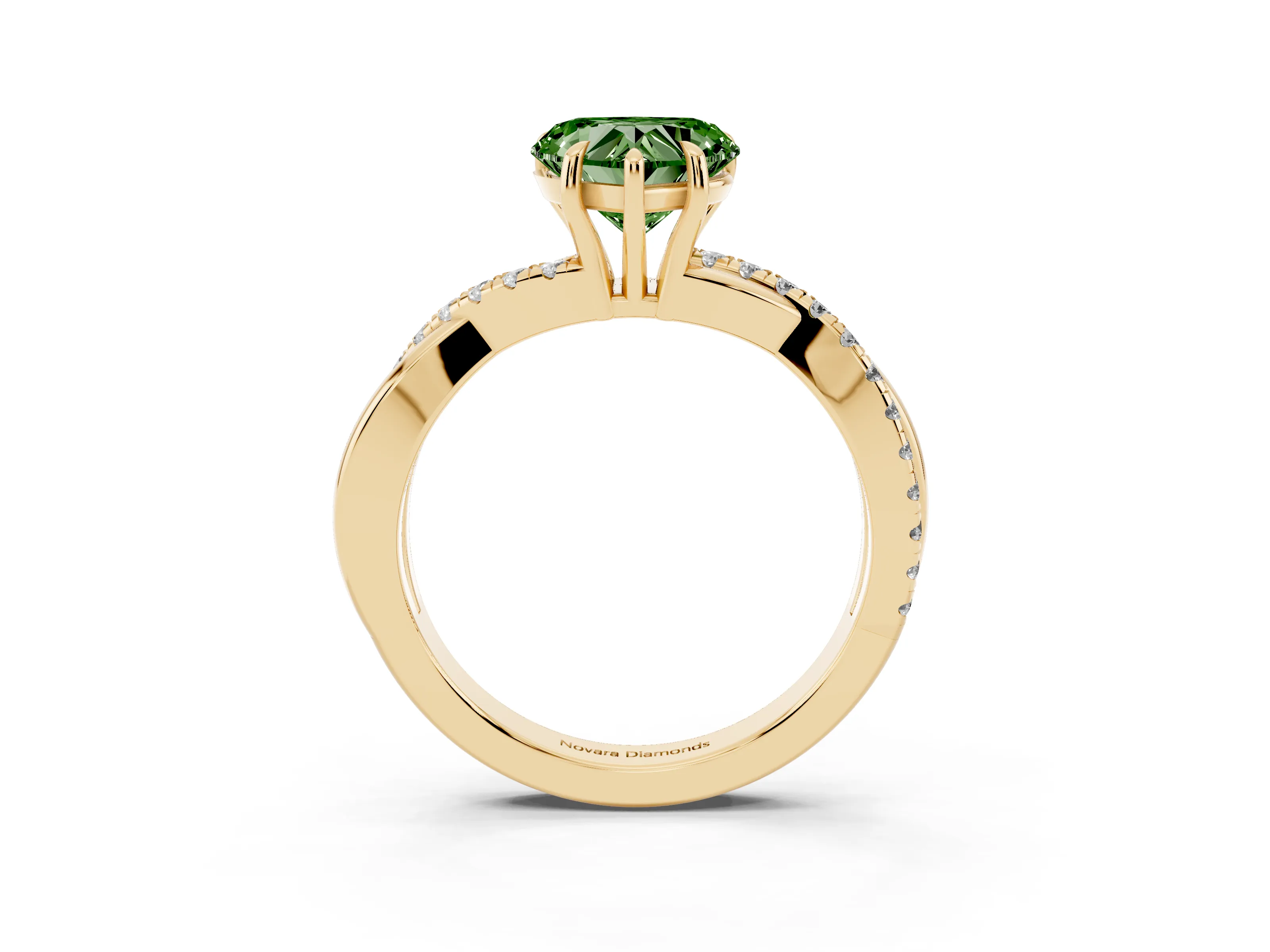 Fancy Green Heart Cut Diamond Twisted Pavé Band Ring Set in Yellow gold with Prong Setting
