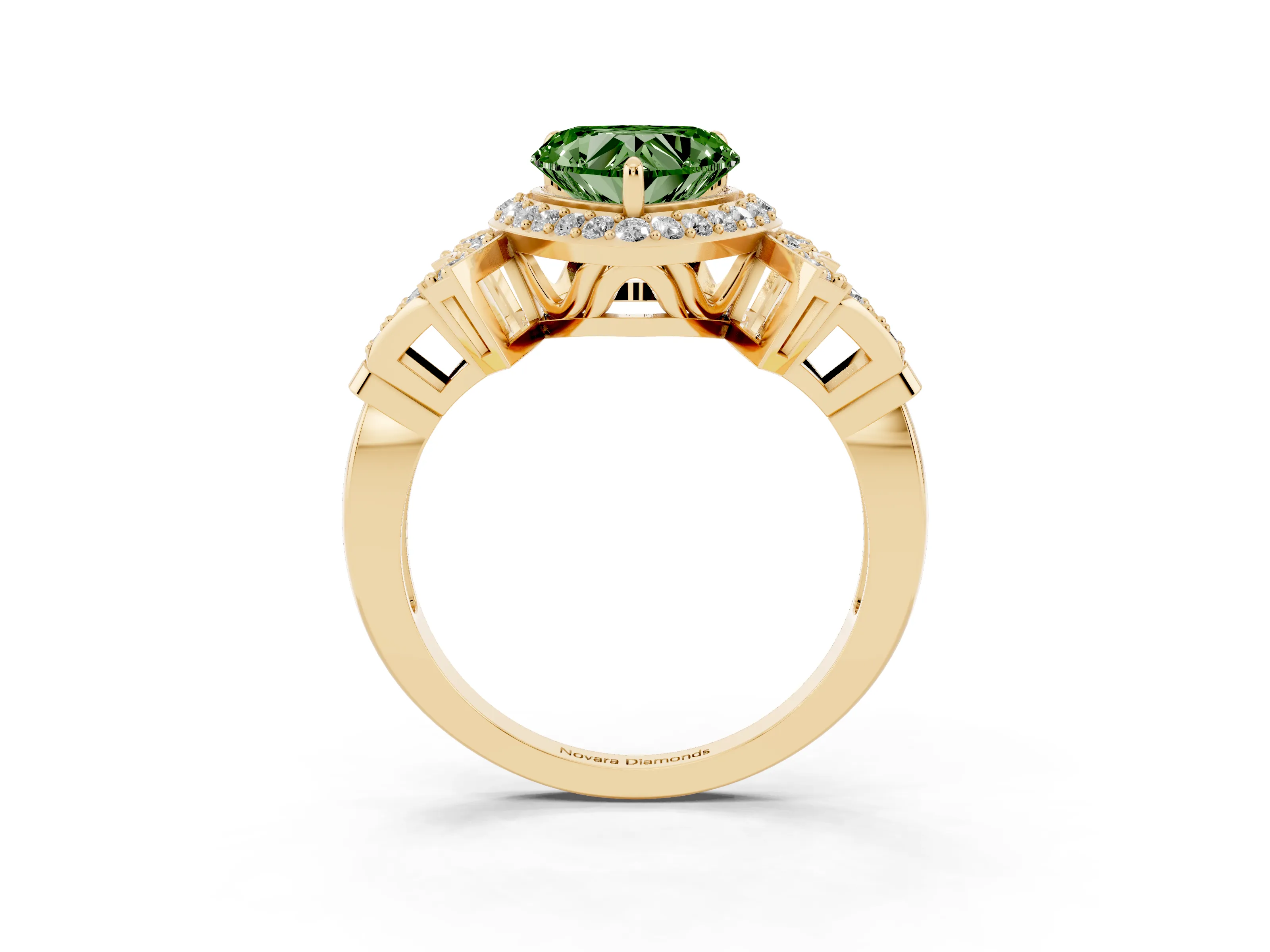 Fancy Green Heart Cut Diamond Halo Engagement Ring Set in Yellow gold with Accent Stone Split Shank