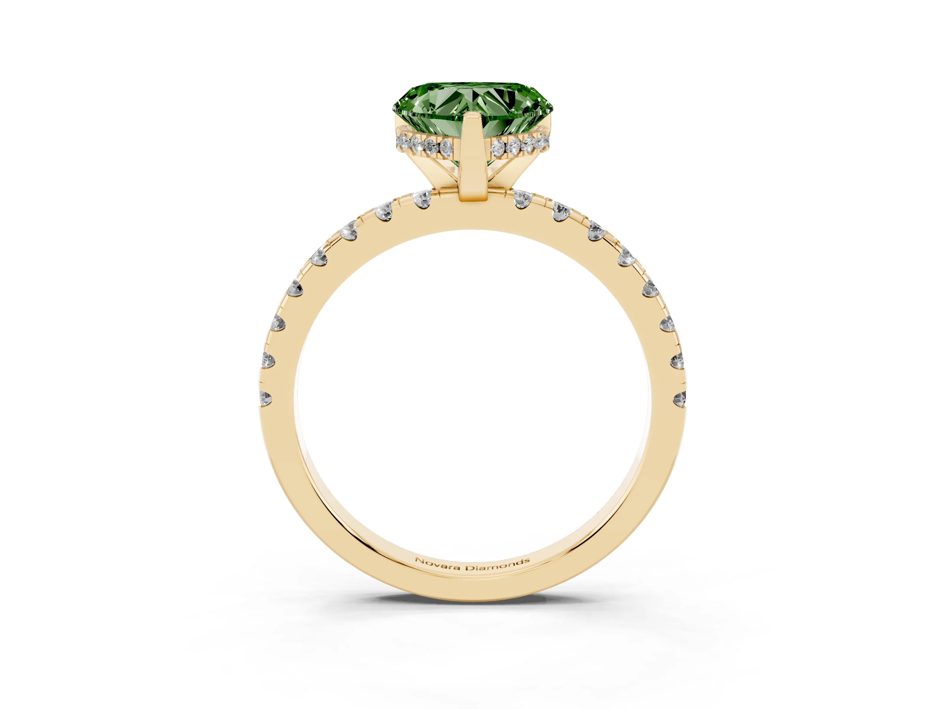 Fancy Green Heart Cut Diamond Pavé Solitaire Ring Set in Yellow gold with Round Band Accents and Prong Setting