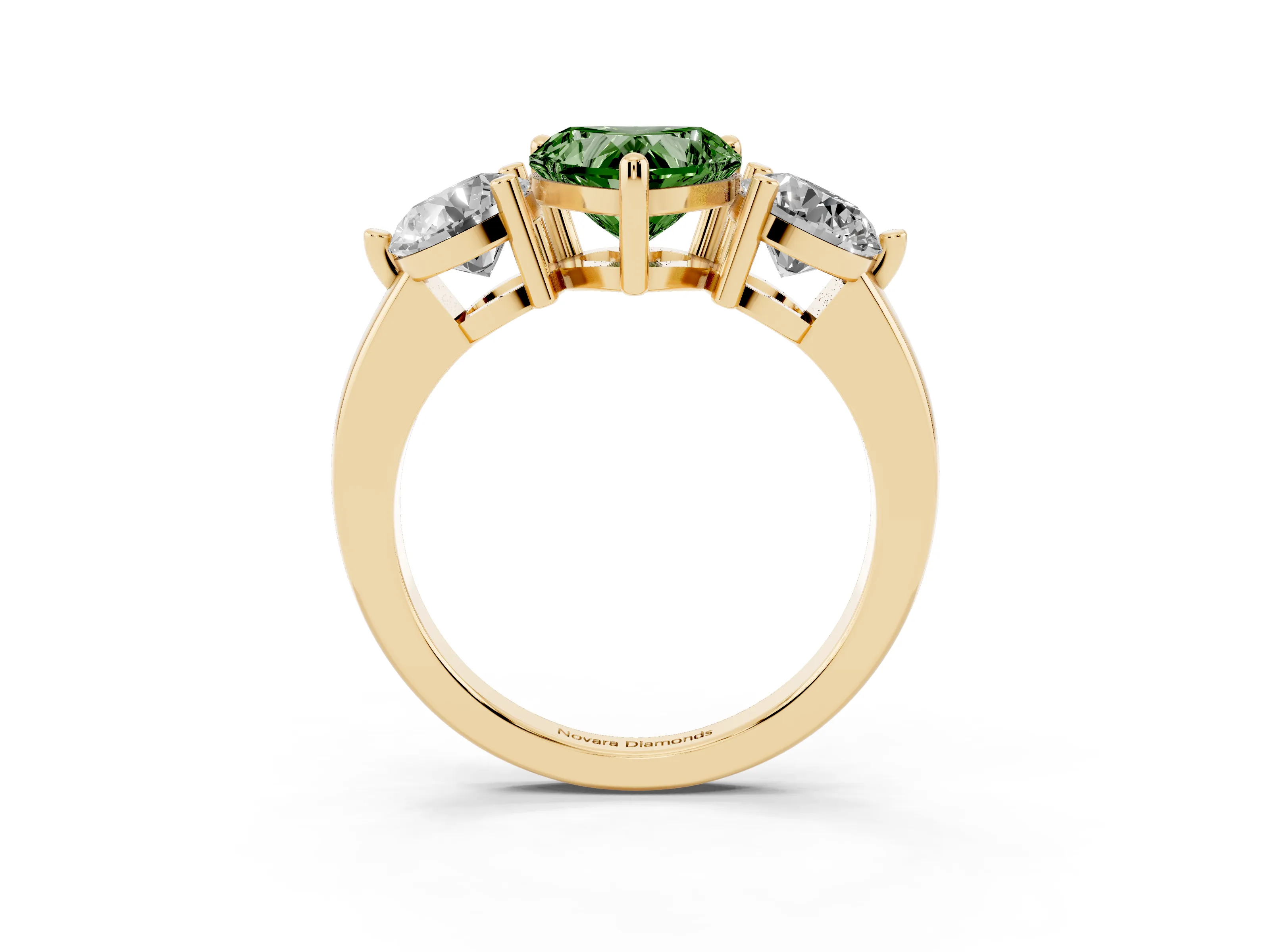 Fancy Green Heart Cut Diamond Three-Stone Ring Set in Yellow gold with Prong Setting and Classic Band