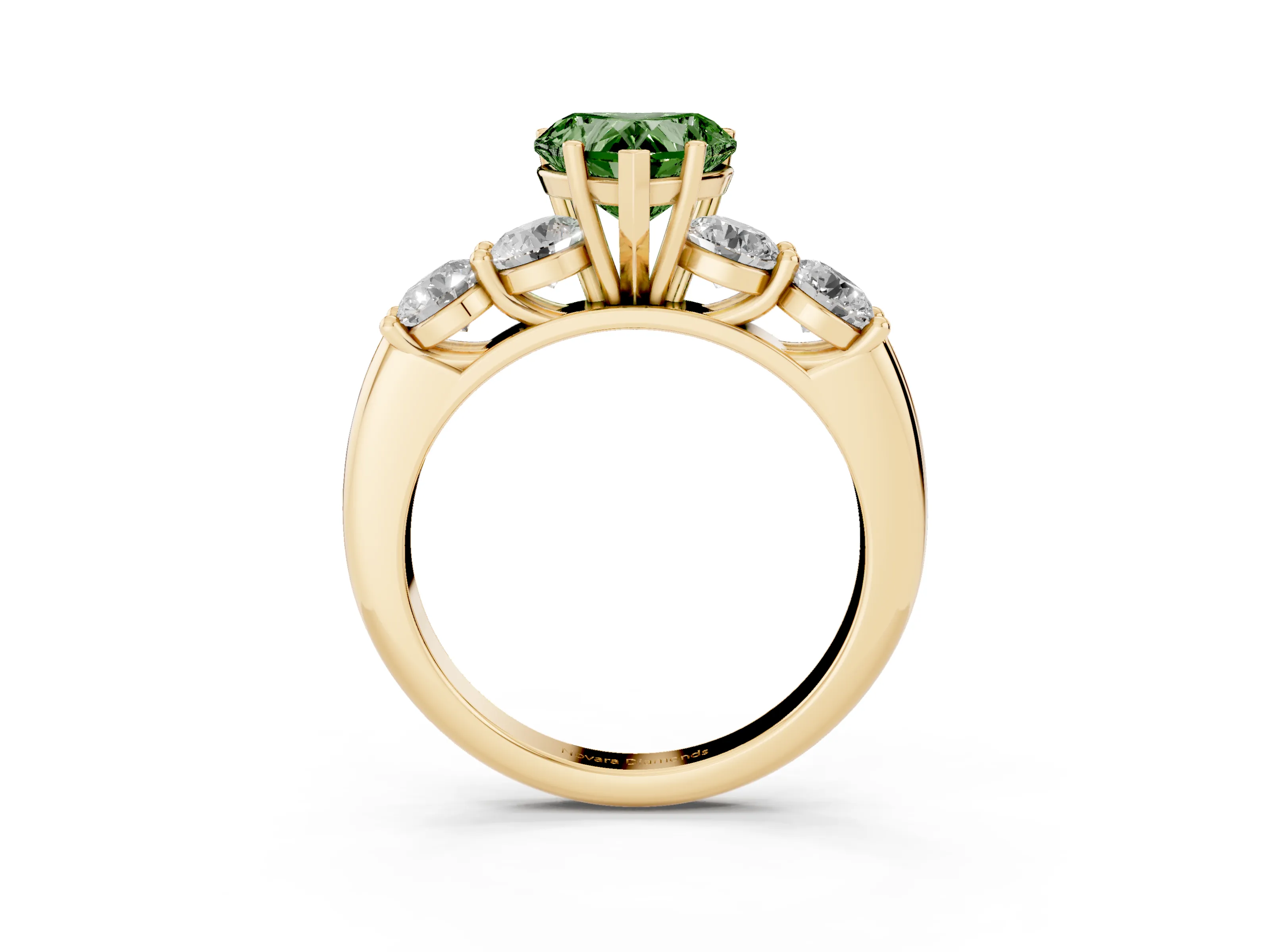 Fancy Green Heart Cut Diamond Five-Stone Prong Set Ring Set in Yellow gold with Classic Band