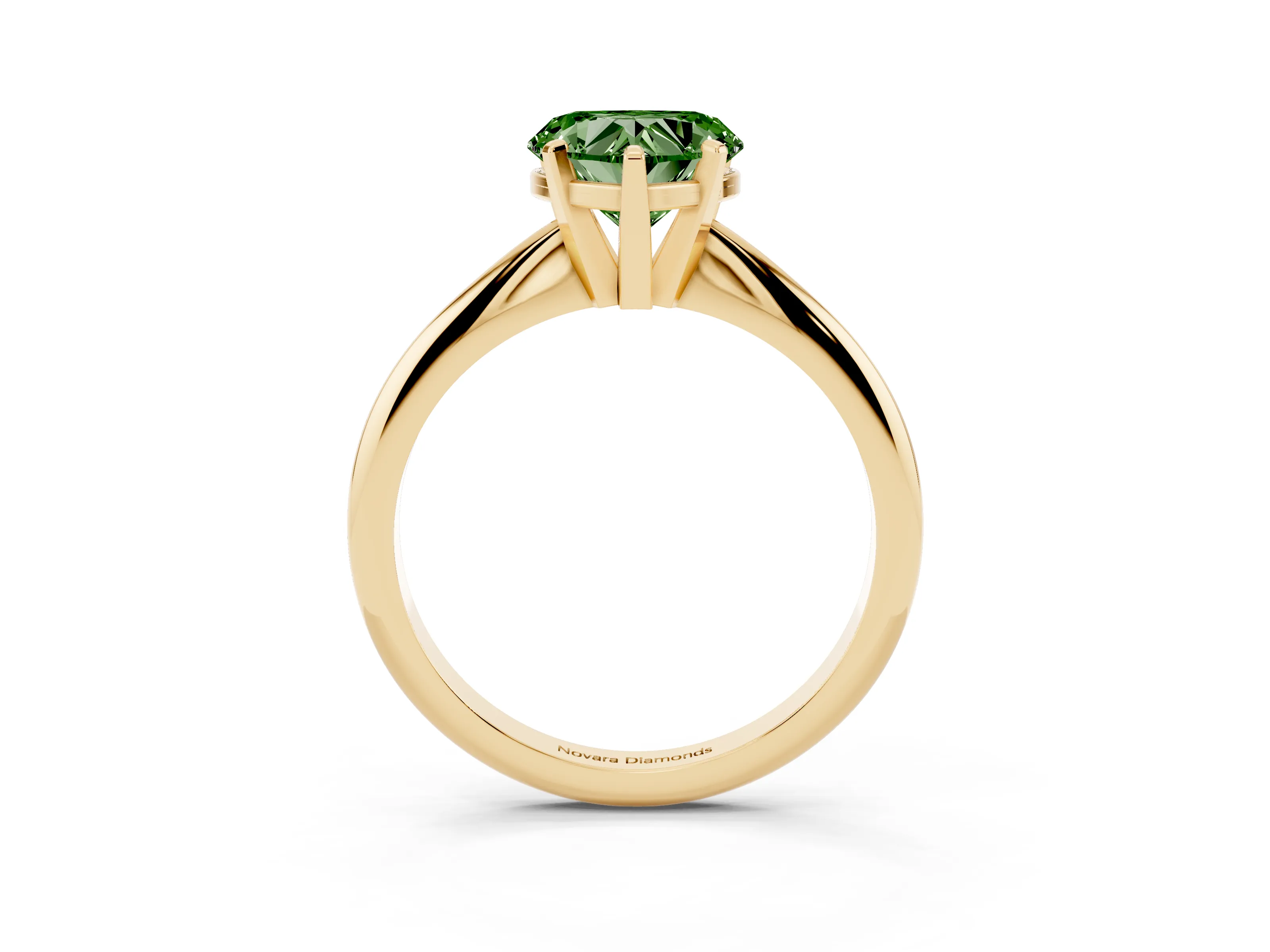 Fancy Green Heart Cut Diamond Solitaire Ring Set in Yellow gold with Prong Setting on a Plain Round Band